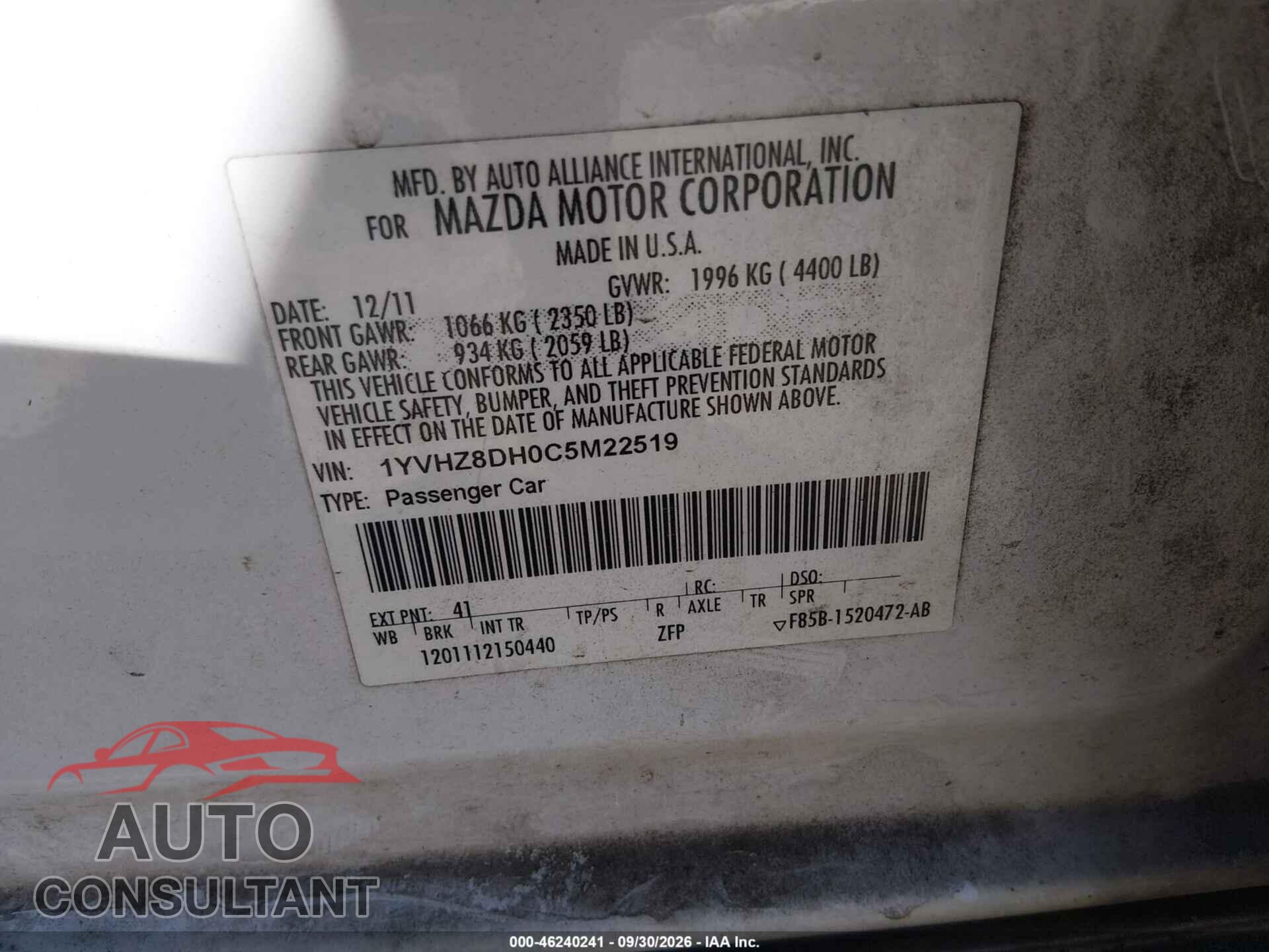 MAZDA MAZDA6 2012 - 1YVHZ8DH0C5M22519