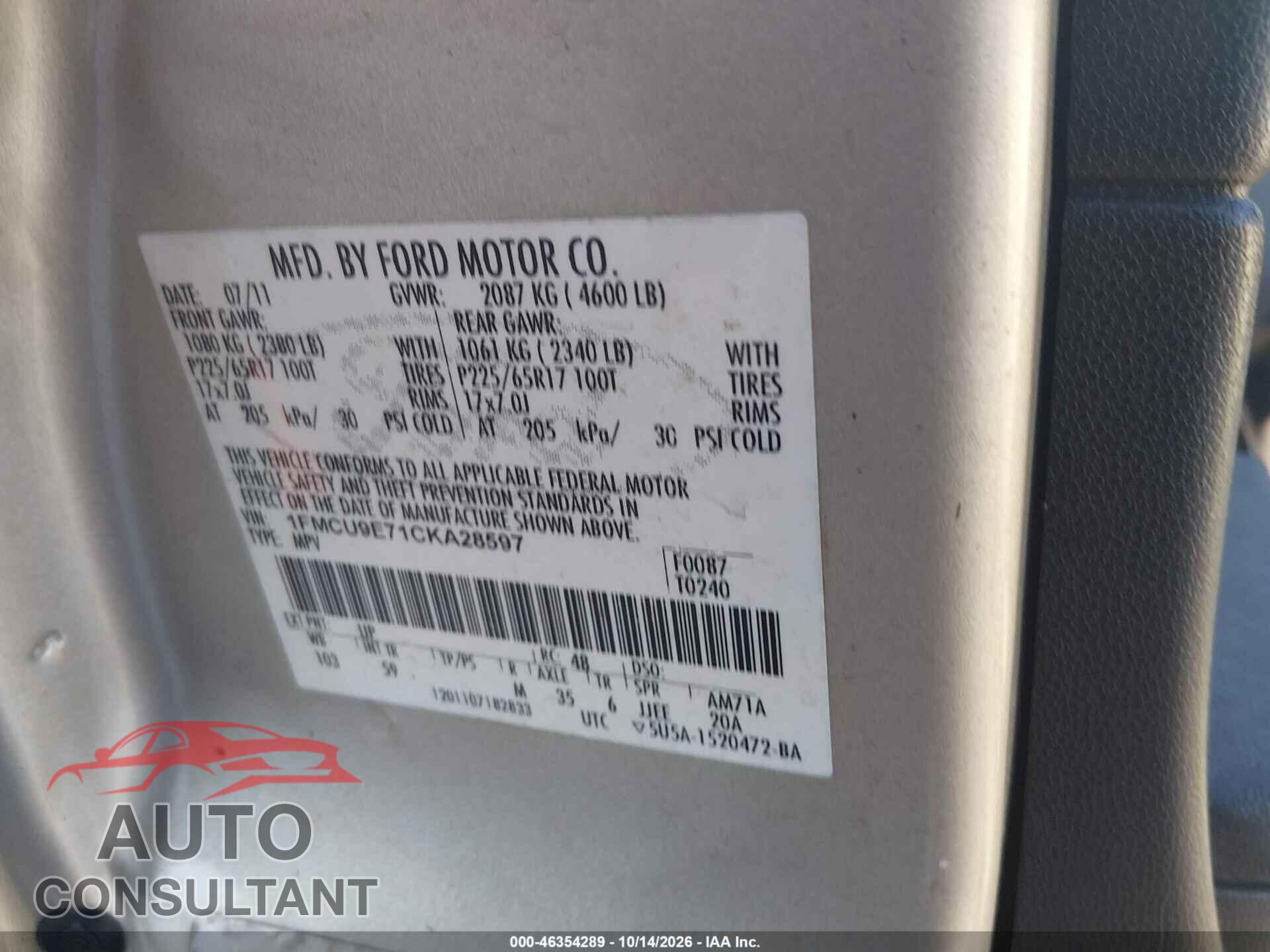FORD ESCAPE 2012 - 1FMCU9E71CKA28597