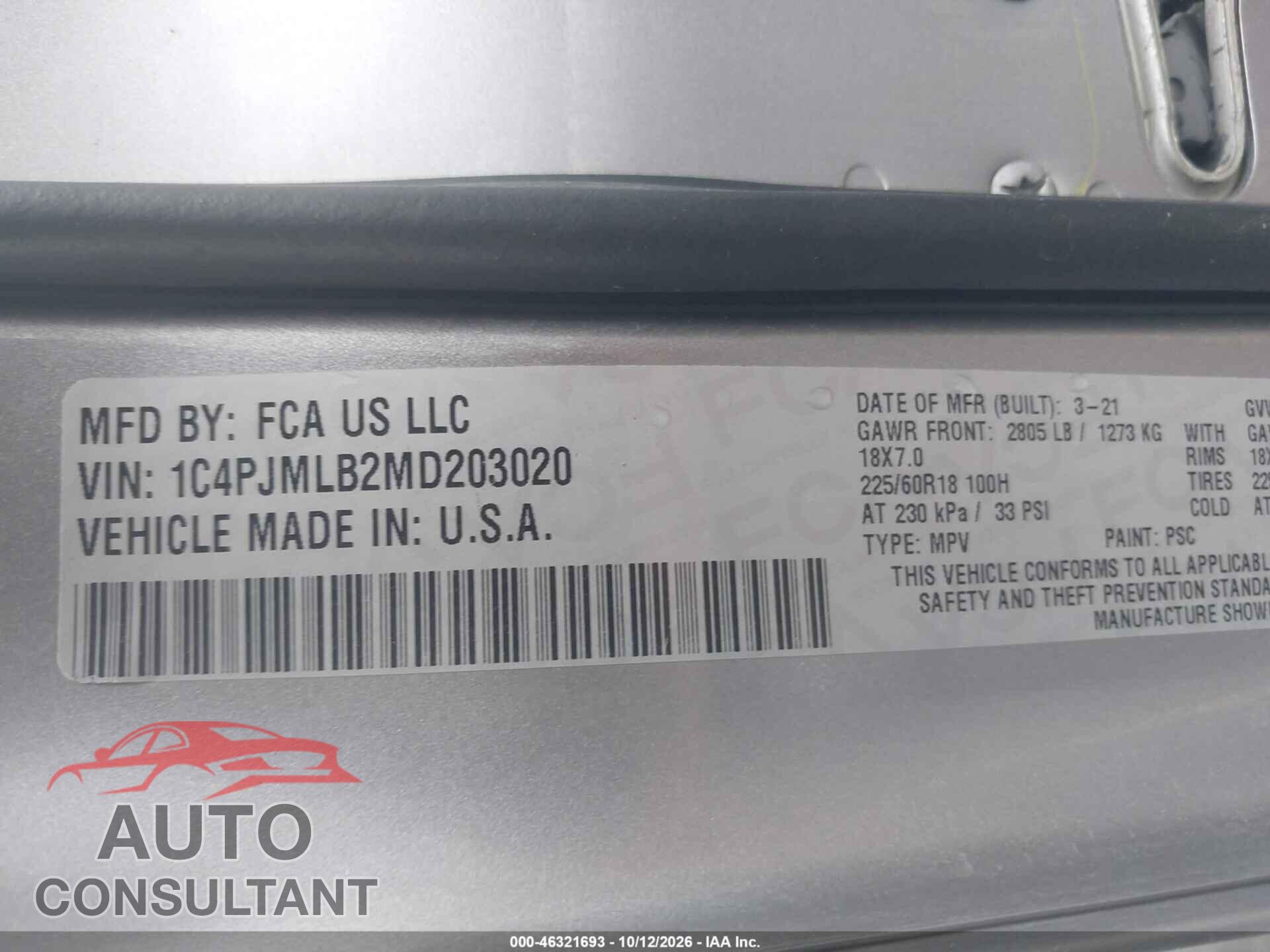 JEEP CHEROKEE 2021 - 1C4PJMLB2MD203020