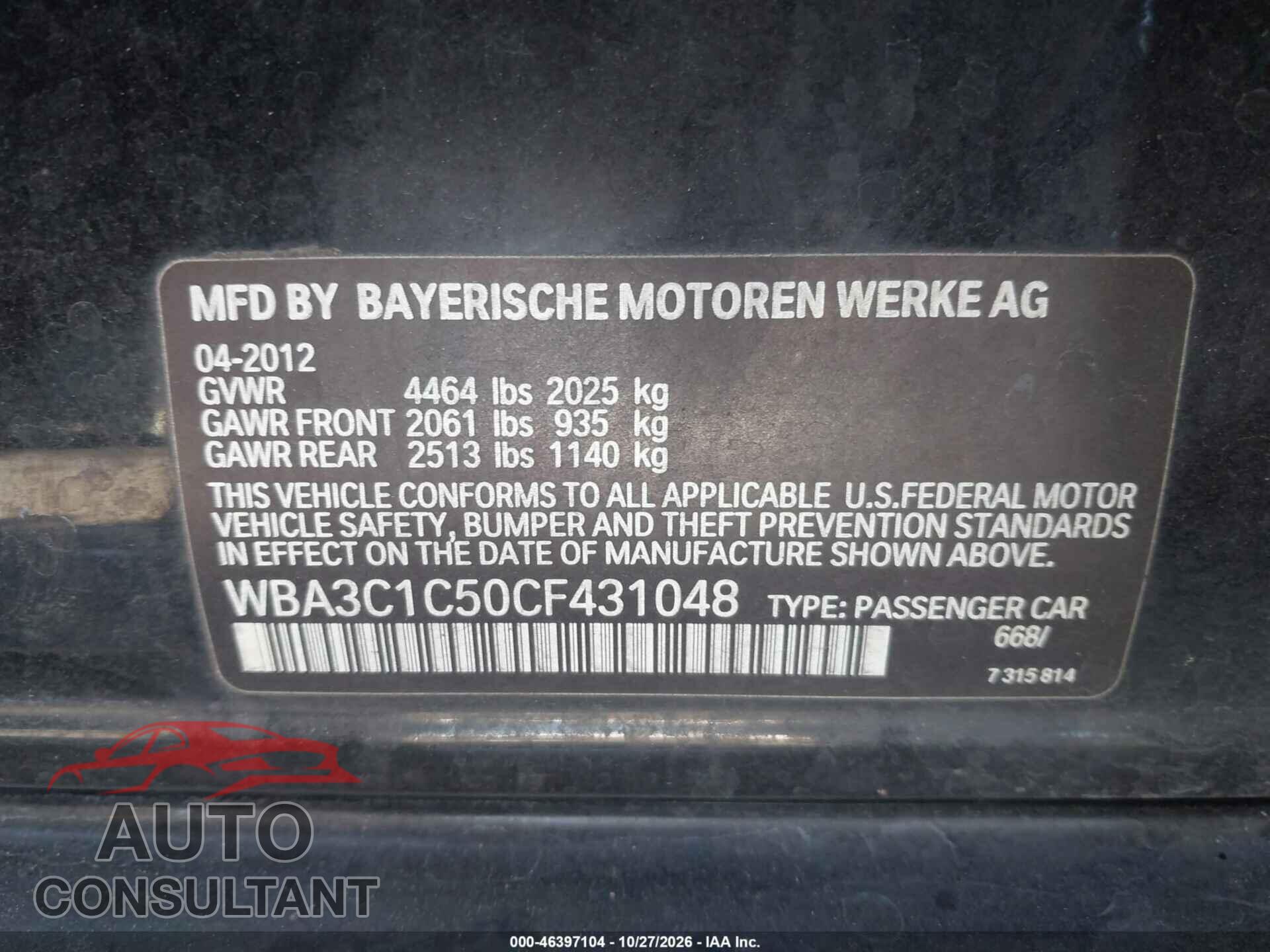 BMW 328I 2012 - WBA3C1C50CF431048
