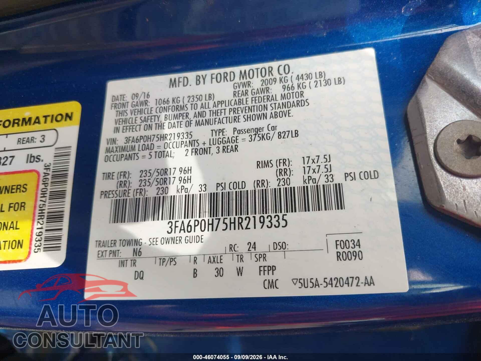 FORD FUSION 2017 - 3FA6P0H75HR219335
