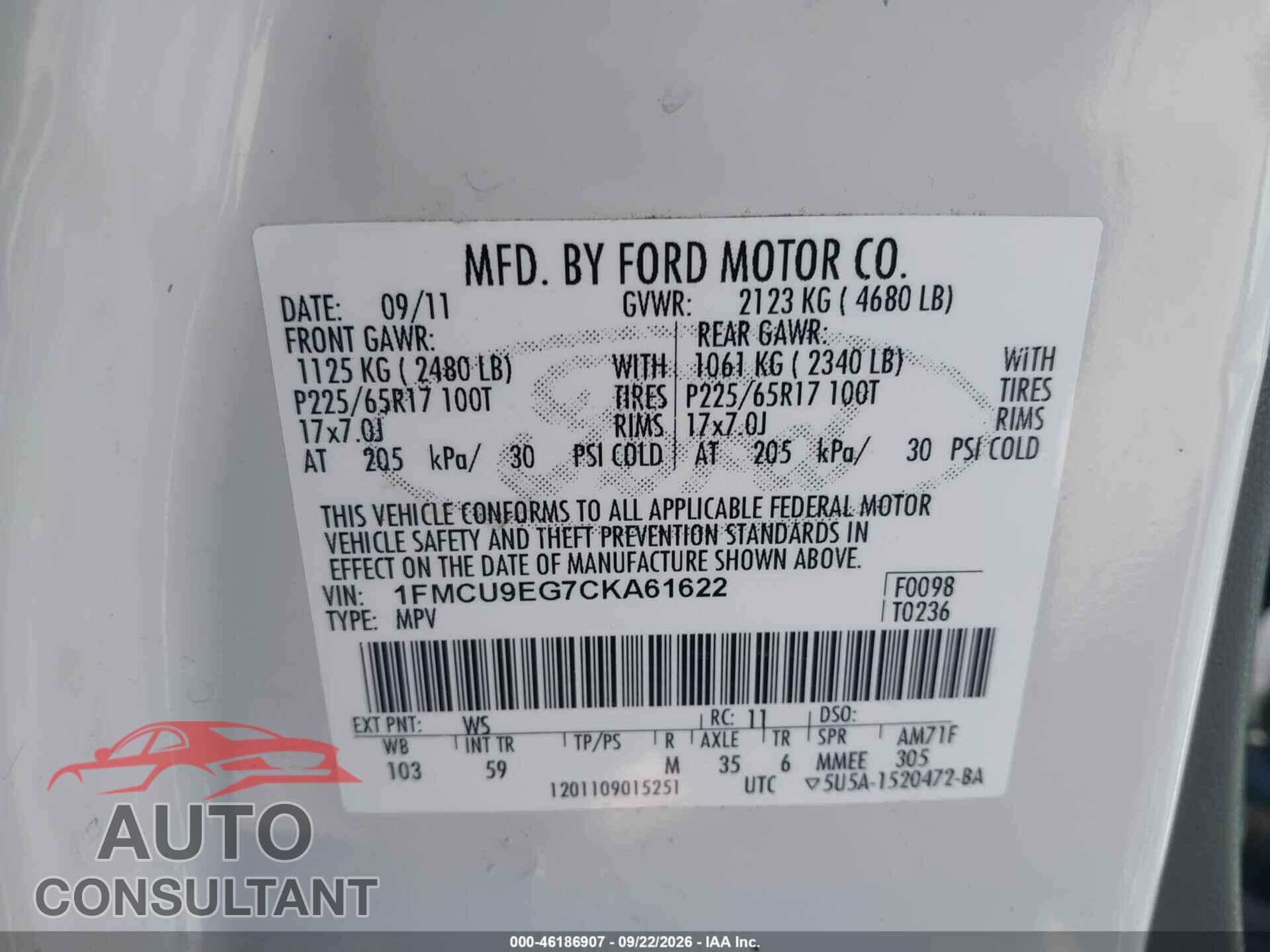 FORD ESCAPE 2012 - 1FMCU9EG7CKA61622