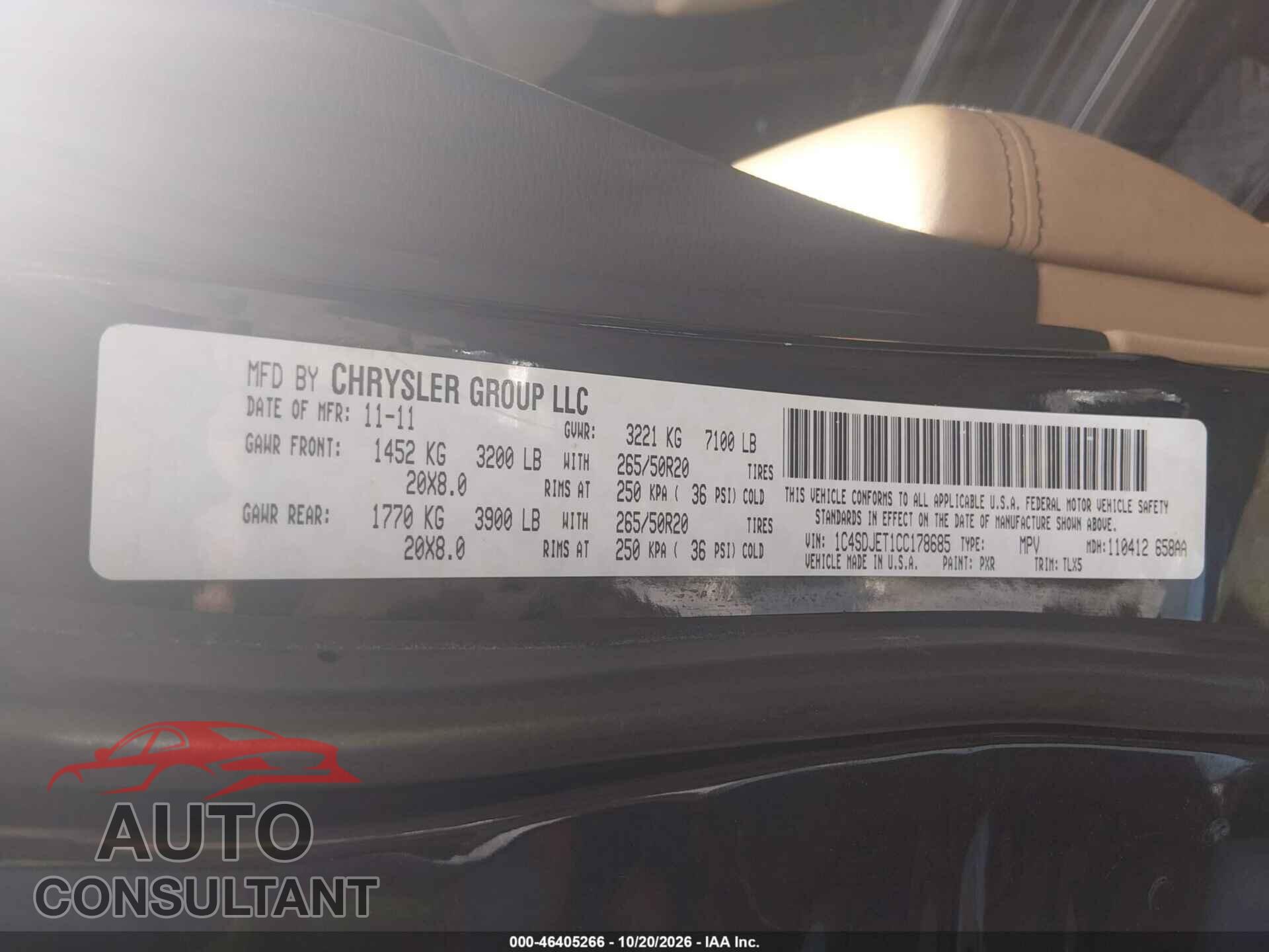DODGE DURANGO 2012 - 1C4SDJET1CC178685