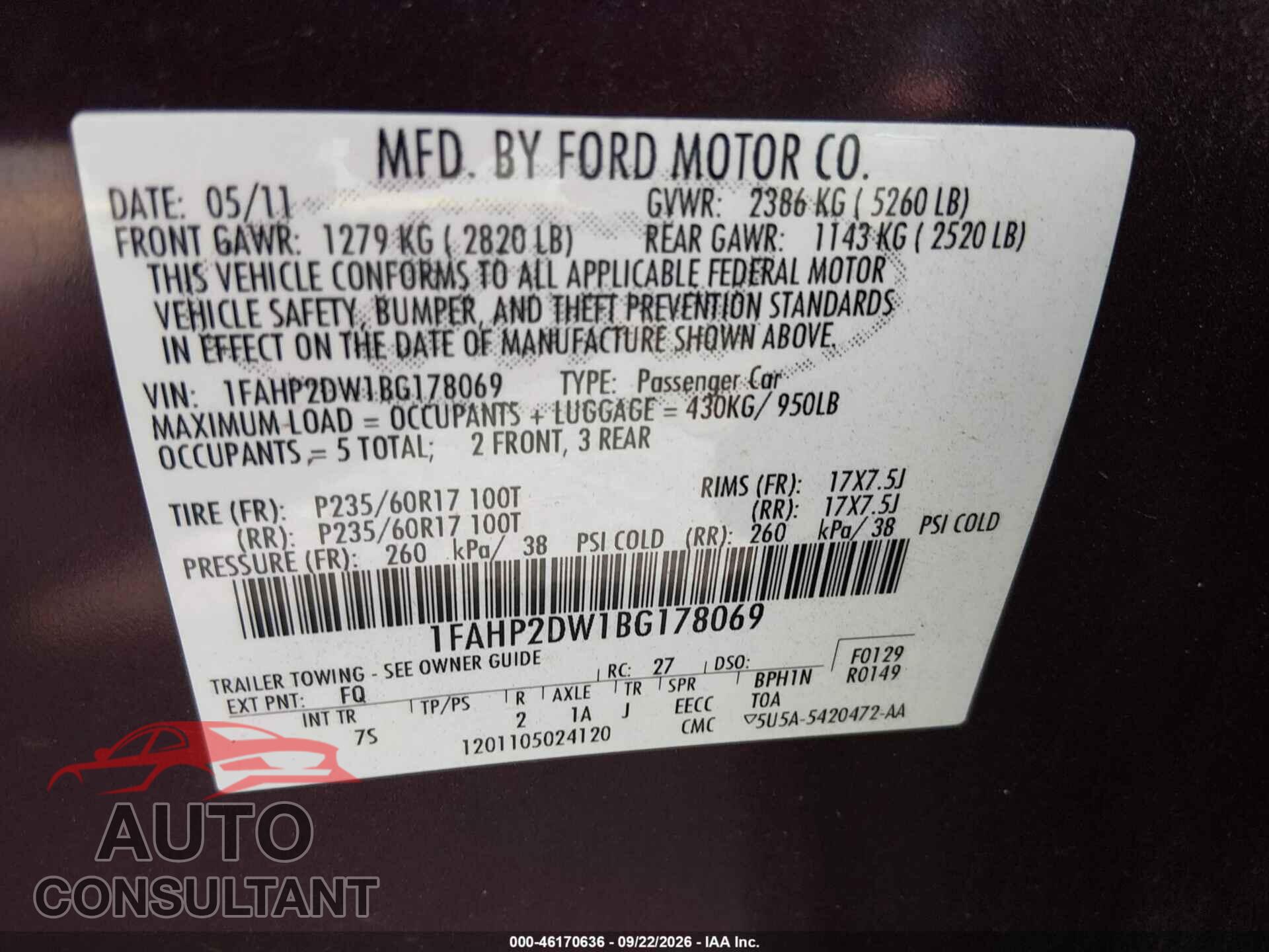 FORD TAURUS 2011 - 1FAHP2DW1BG178069