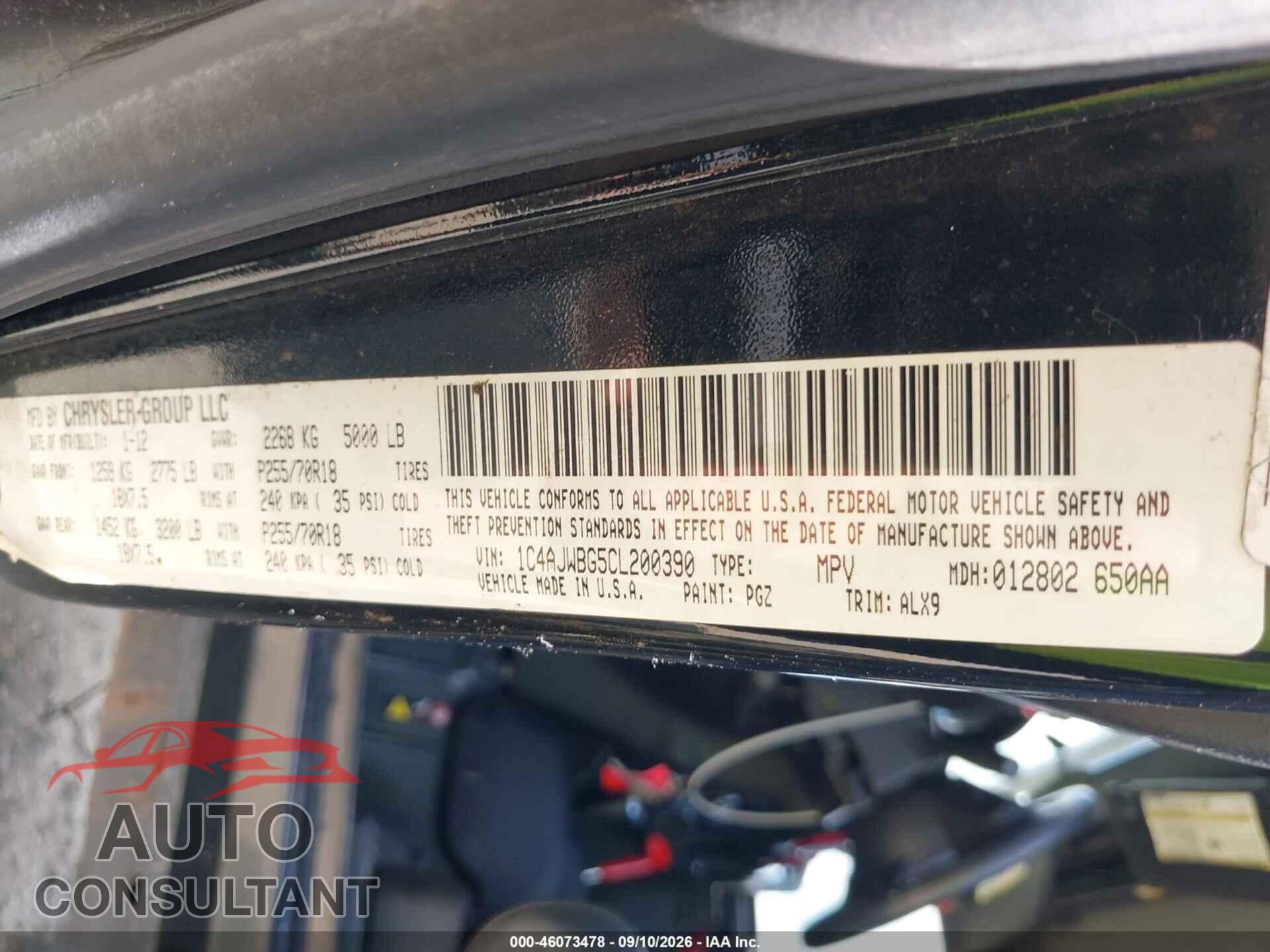 JEEP WRANGLER 2012 - 1C4AJWBG5CL200390