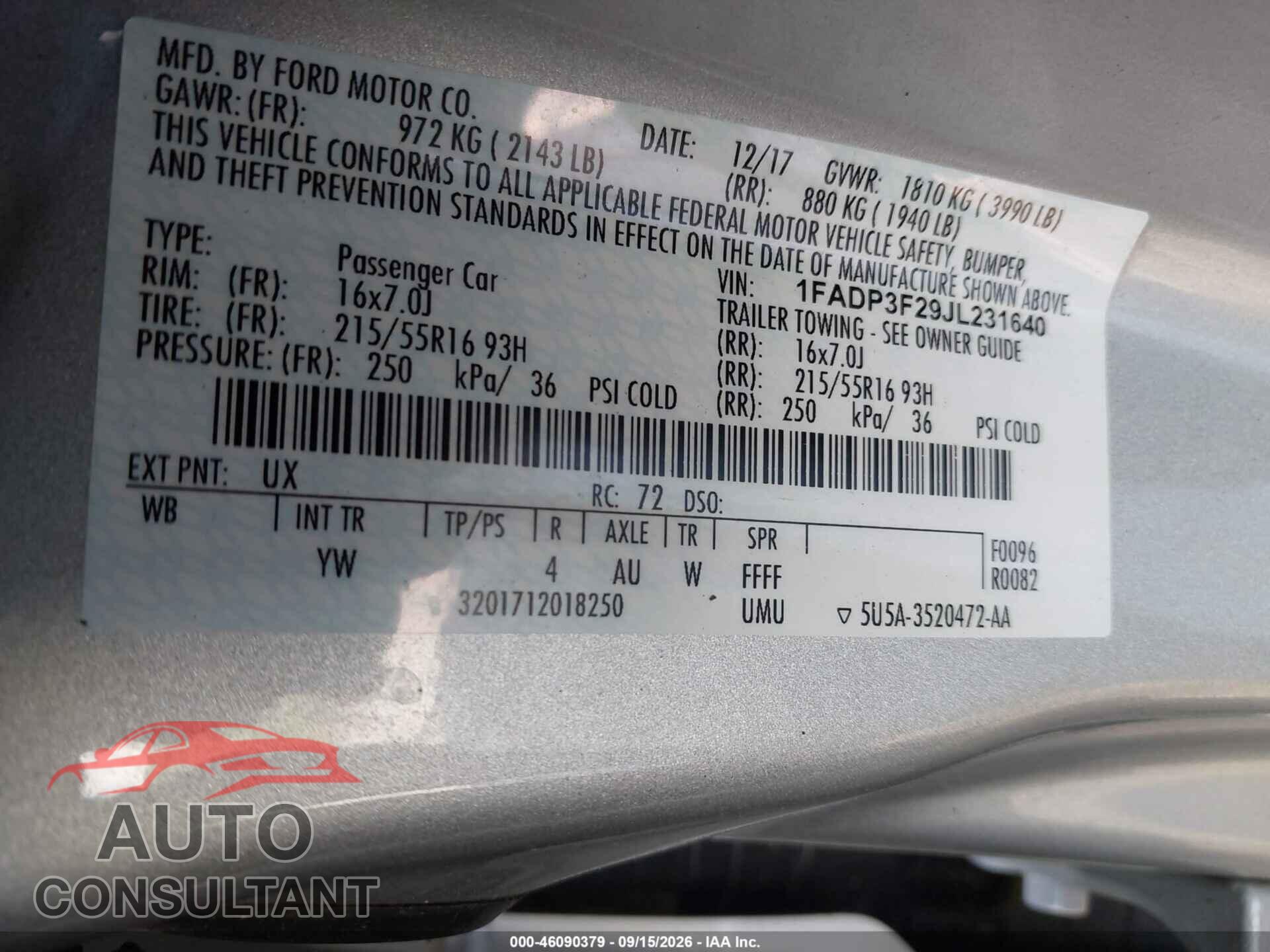 FORD FOCUS 2018 - 1FADP3F29JL231640