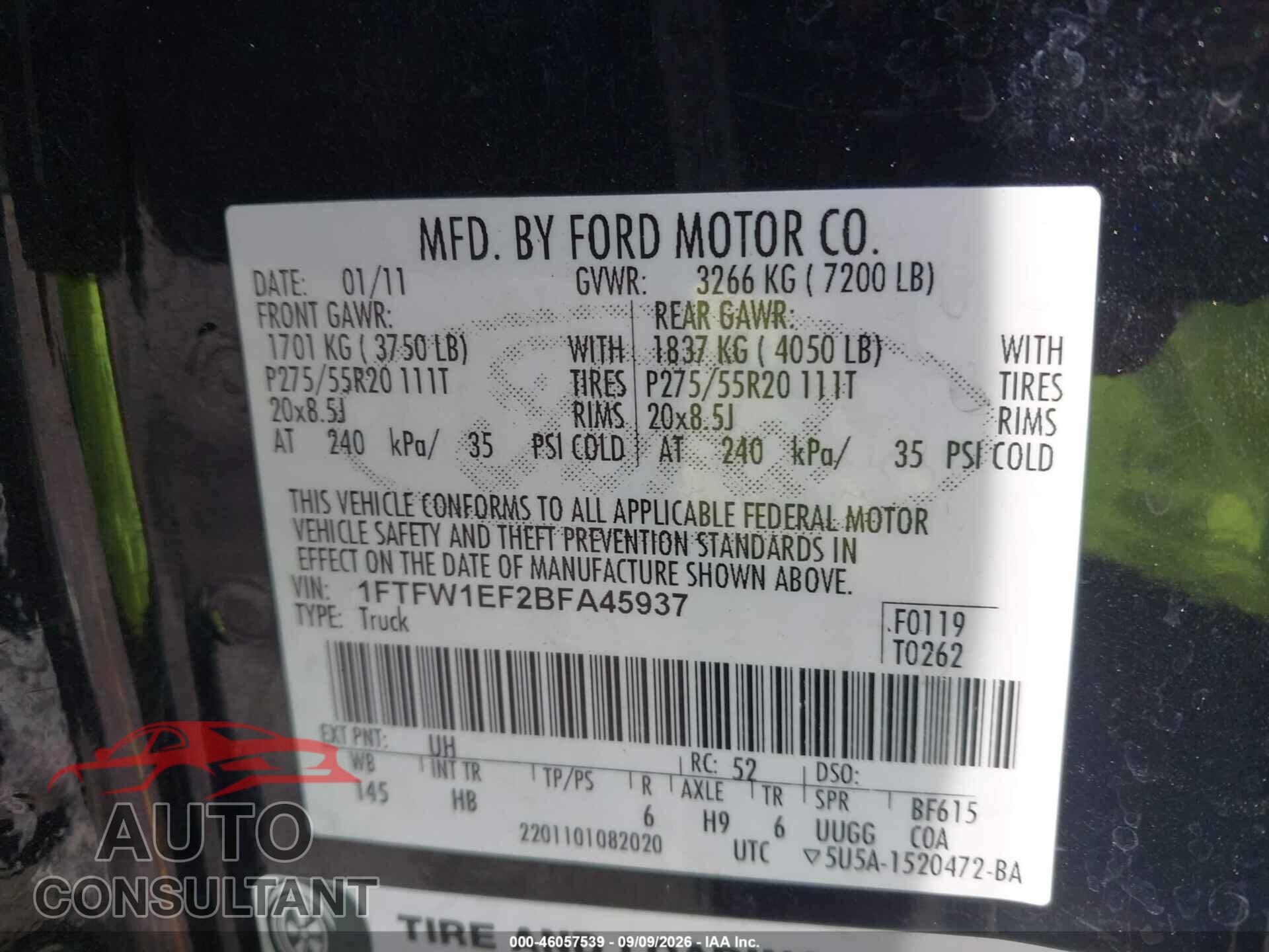 FORD F-150 2011 - 1FTFW1EF2BFA45937