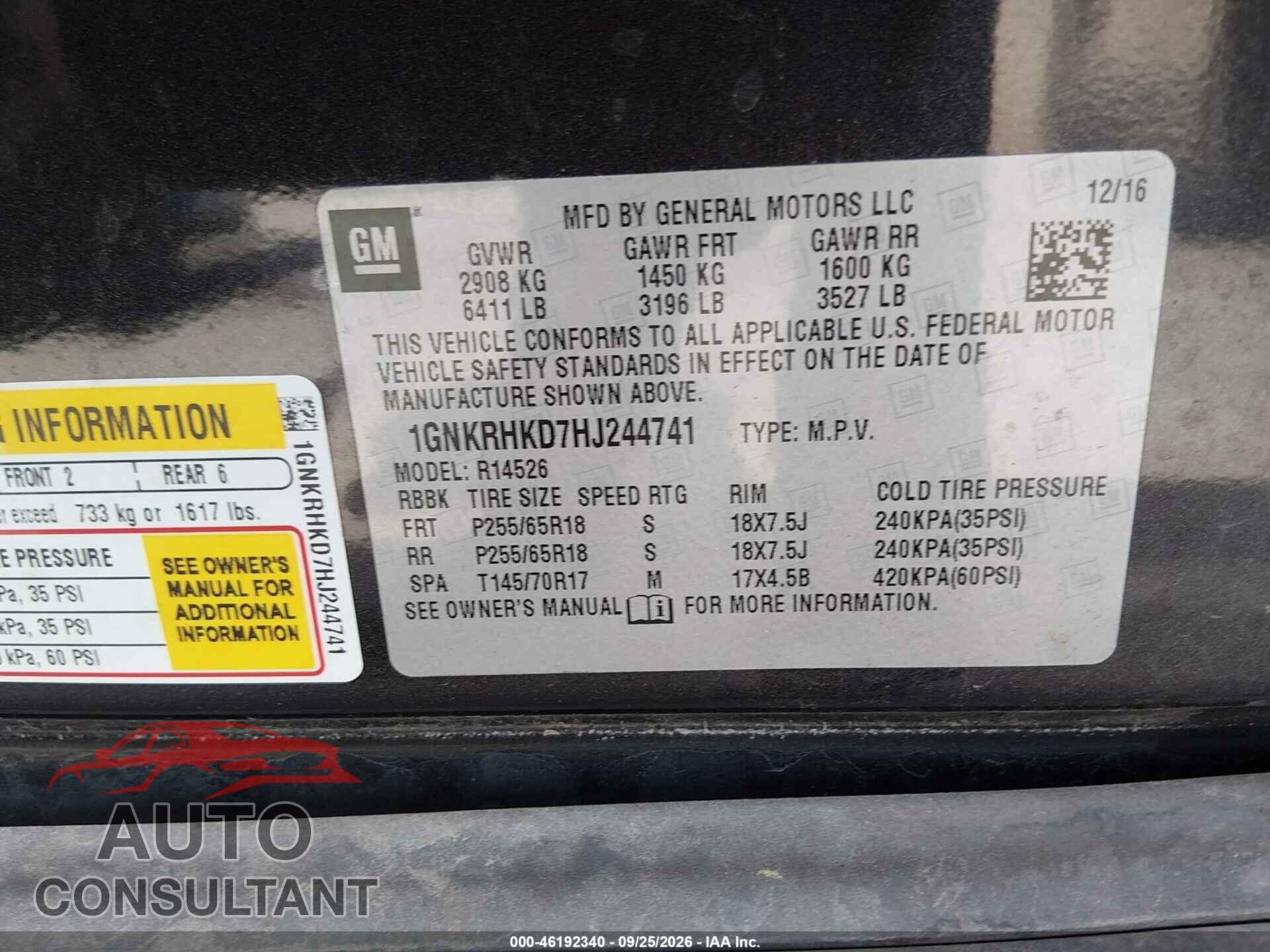 CHEVROLET TRAVERSE 2017 - 1GNKRHKD7HJ244741