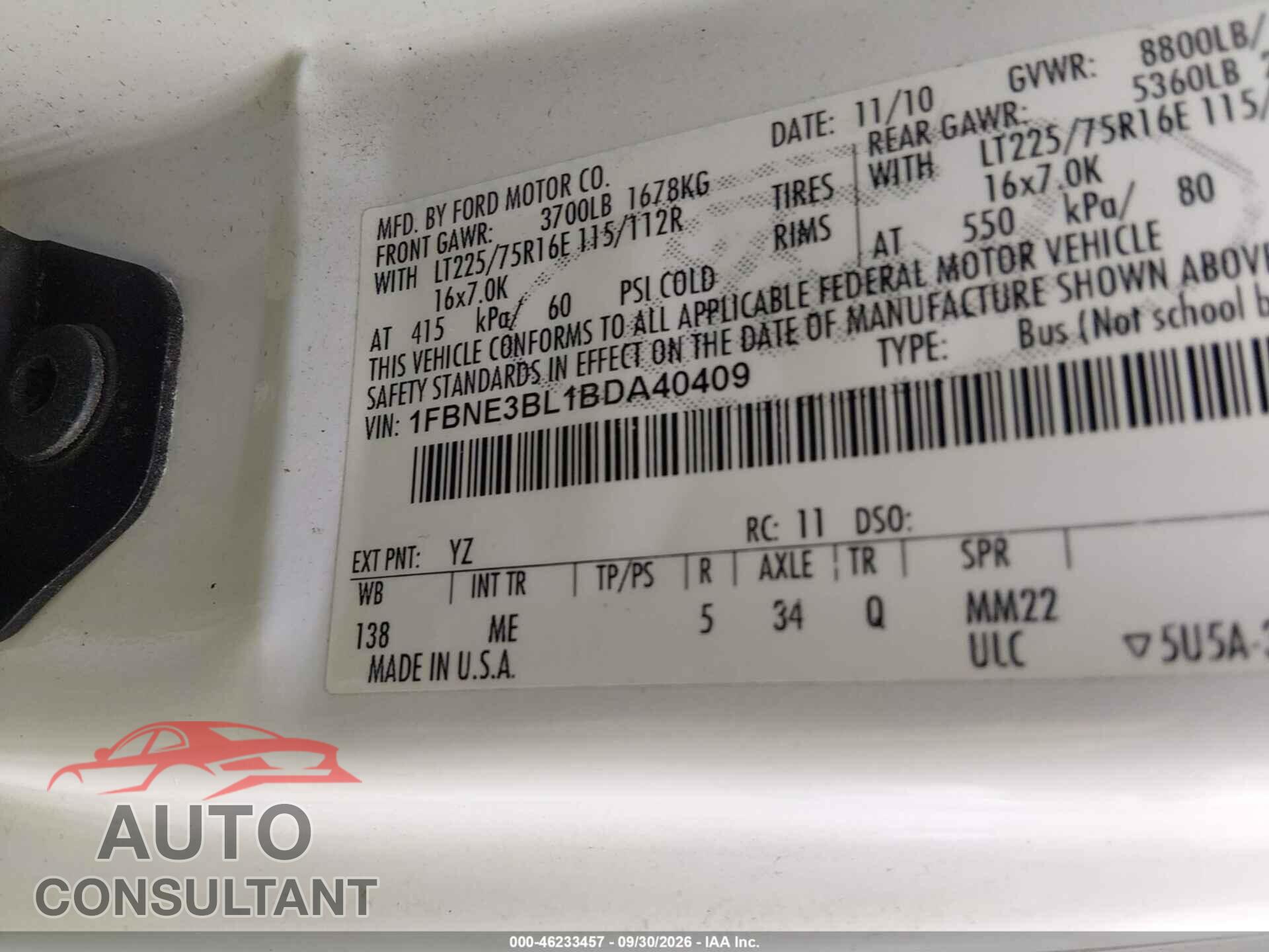 FORD E-350 SUPER DUTY 2011 - 1FBNE3BL1BDA40409