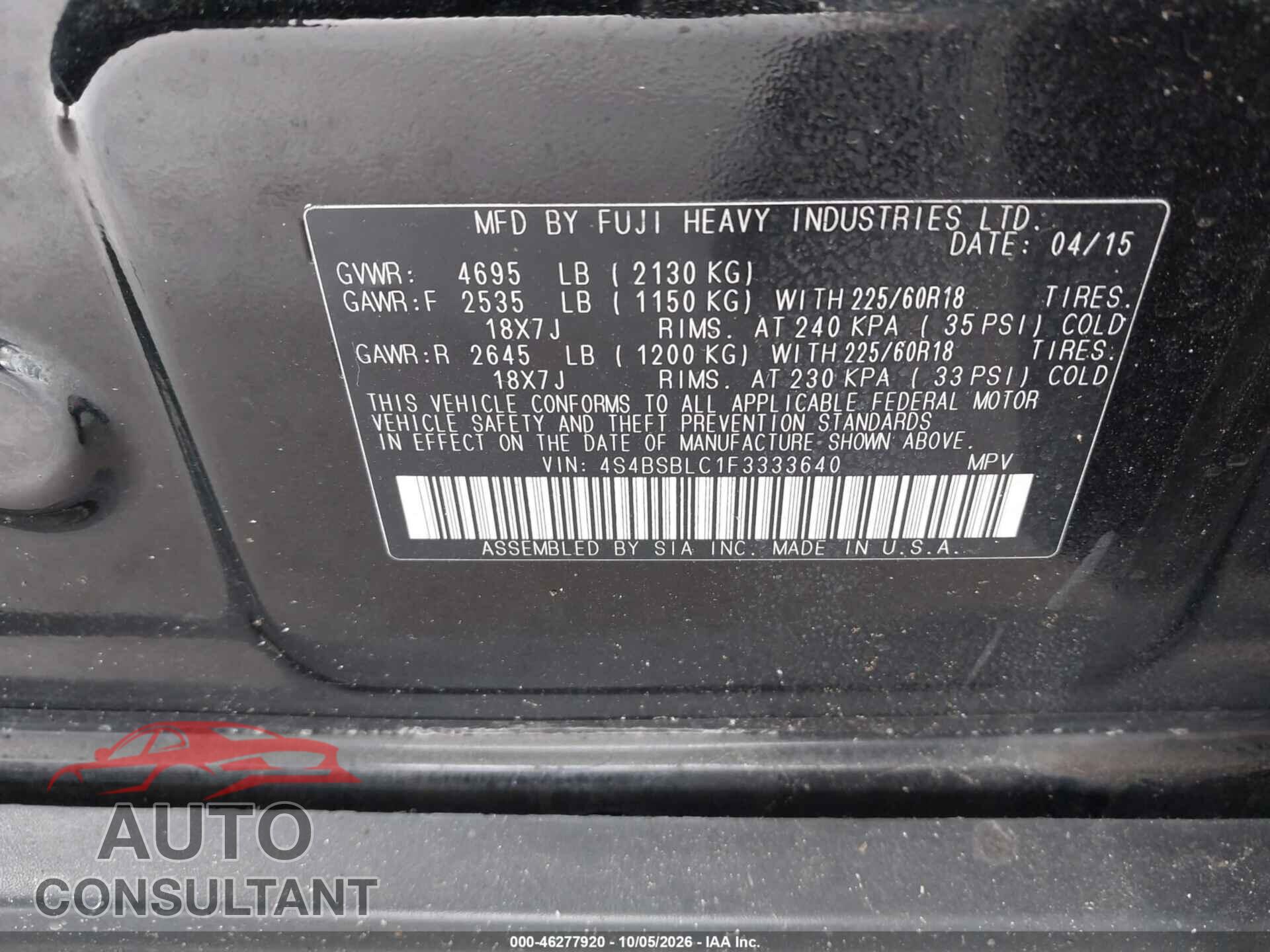 SUBARU OUTBACK 2015 - 4S4BSBLC1F3333640