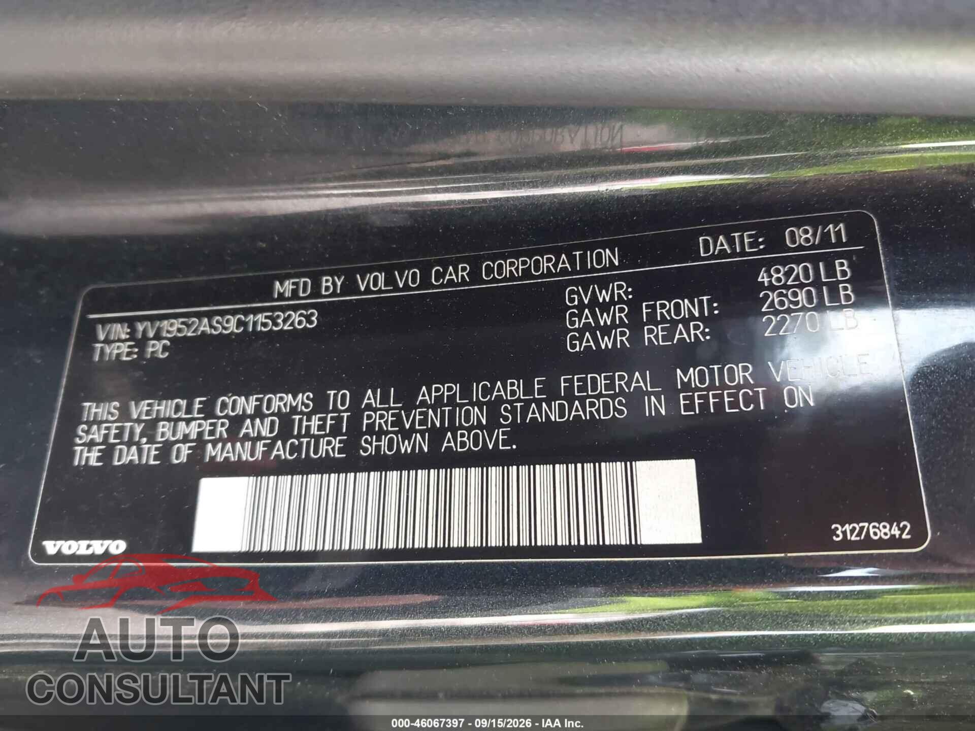 VOLVO S80 2012 - YV1952AS9C1153263