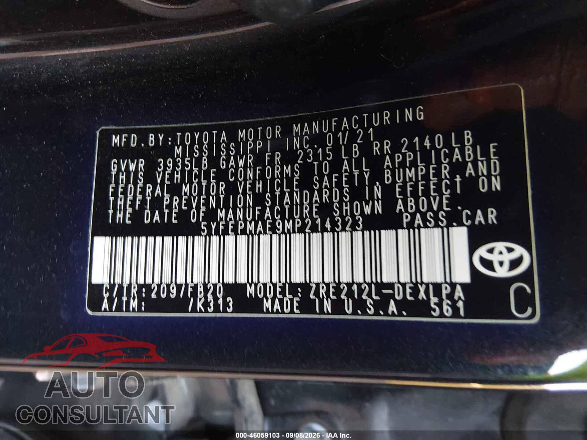 TOYOTA COROLLA 2021 - 5YFEPMAE9MP214323
