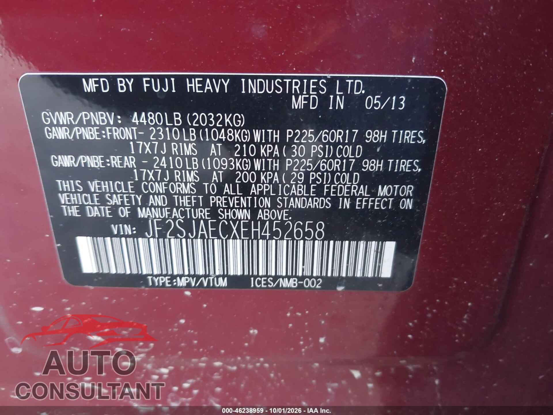 SUBARU FORESTER 2014 - JF2SJAECXEH452658