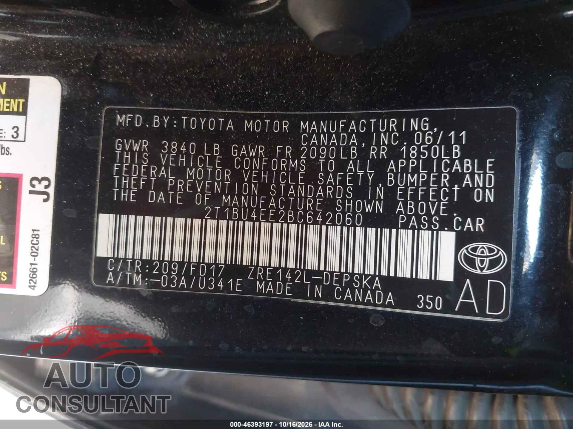 TOYOTA COROLLA 2011 - 2T1BU4EE2BC642060