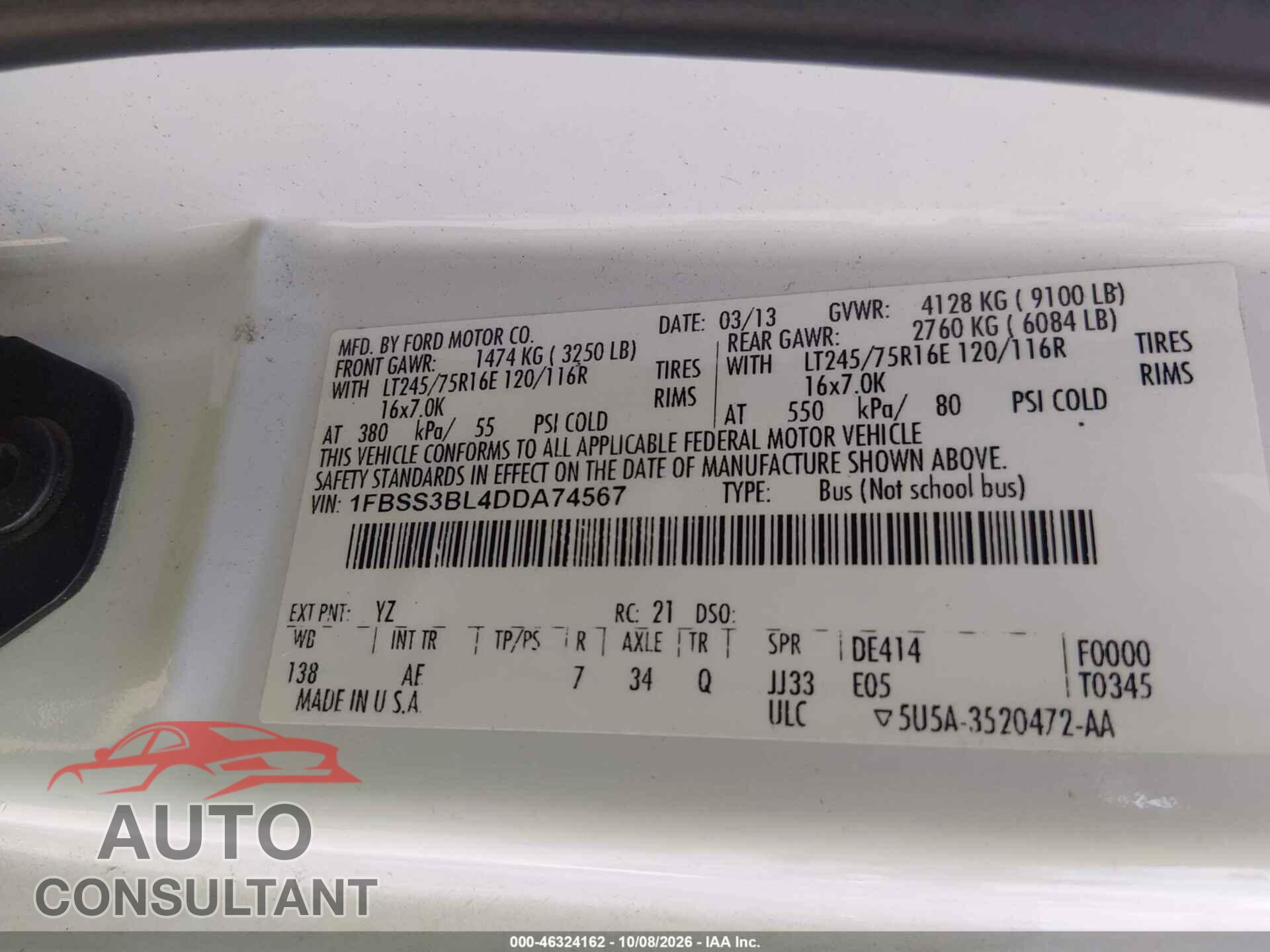 FORD E-350 SUPER DUTY 2013 - 1FBSS3BL4DDA74567
