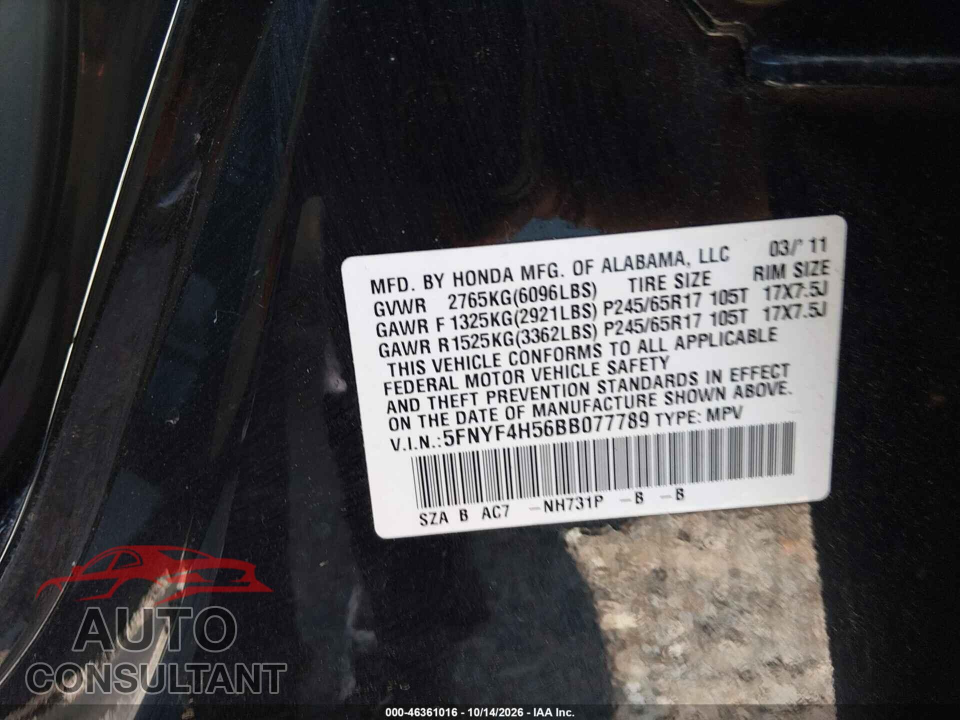 HONDA PILOT 2011 - 5FNYF4H56BB077789