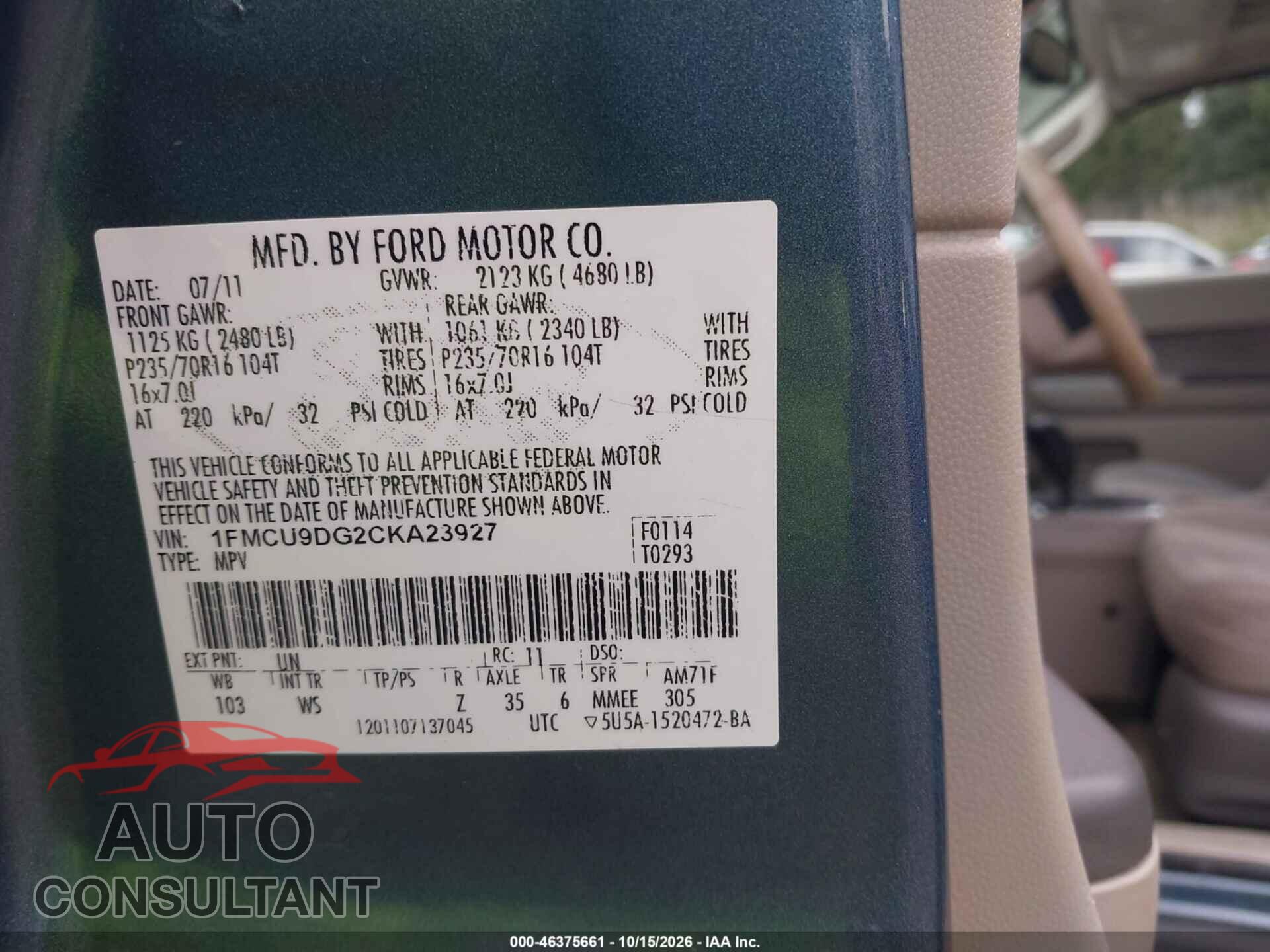FORD ESCAPE 2012 - 1FMCU9DG2CKA23927