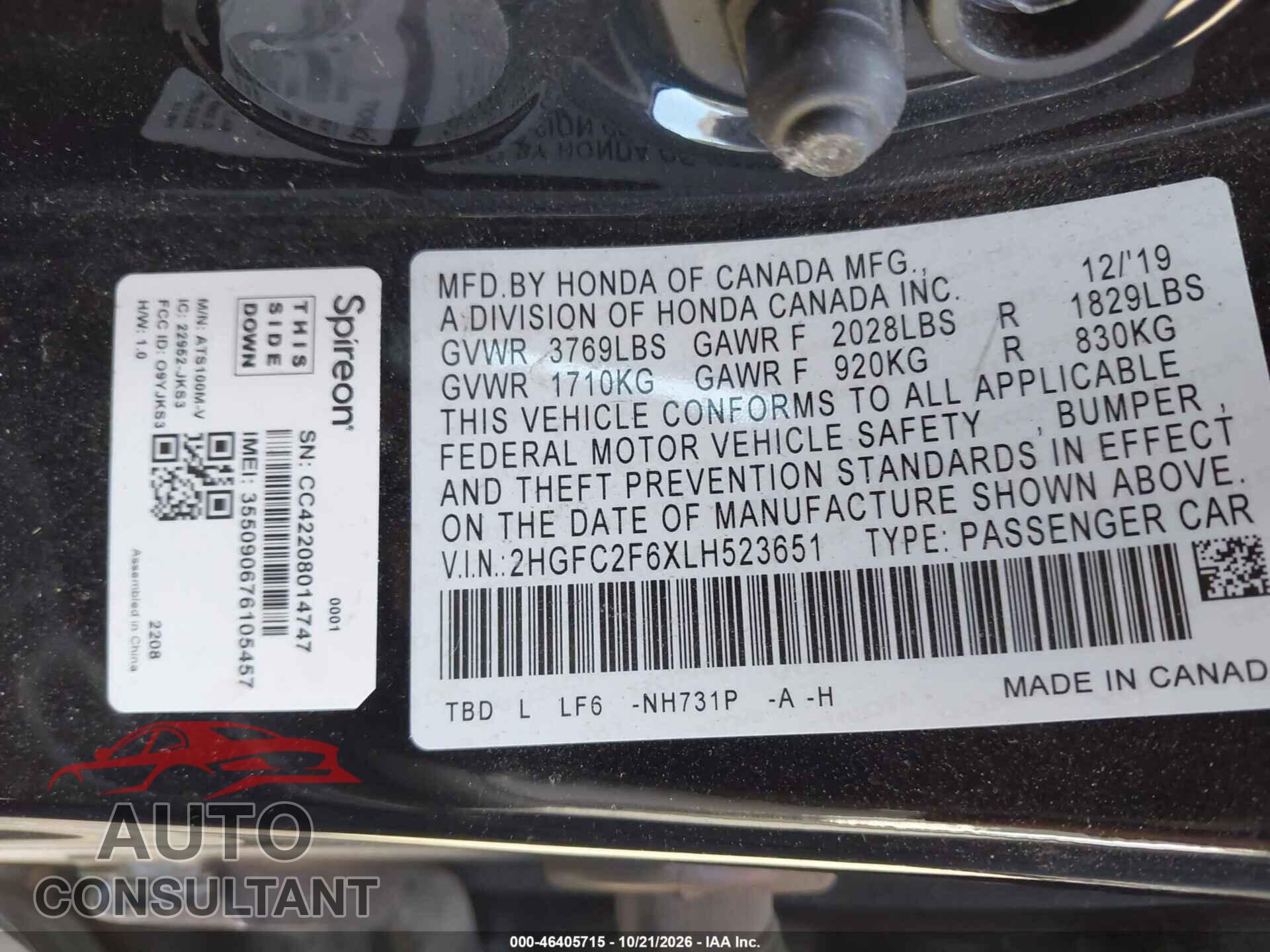 HONDA CIVIC 2020 - 2HGFC2F6XLH523651