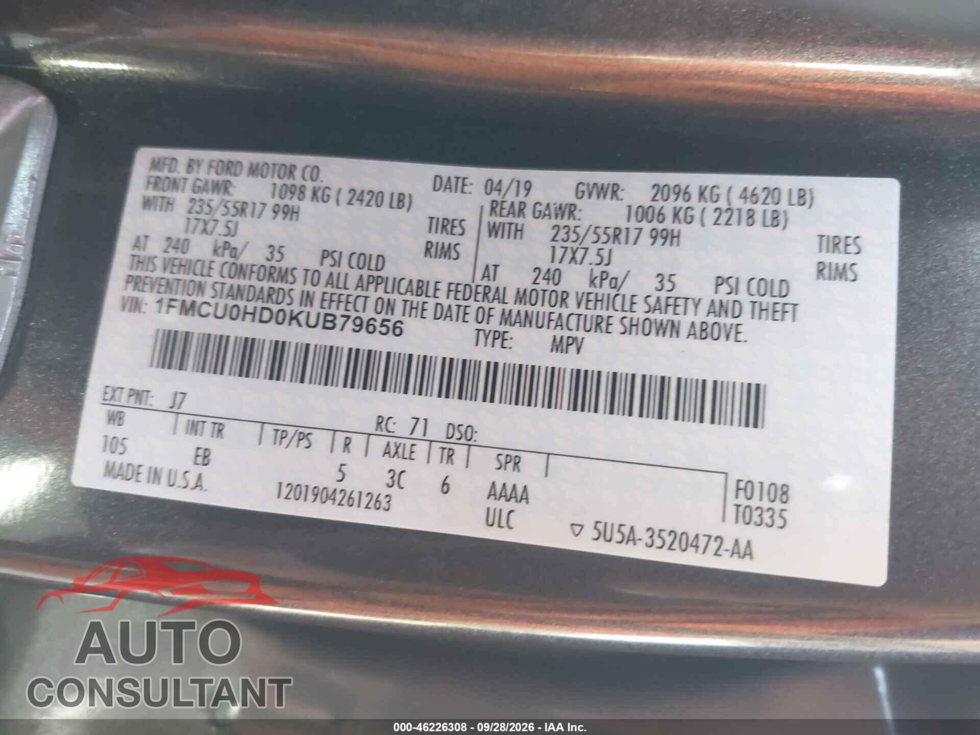 FORD ESCAPE 2019 - 1FMCU0HD0KUB79656