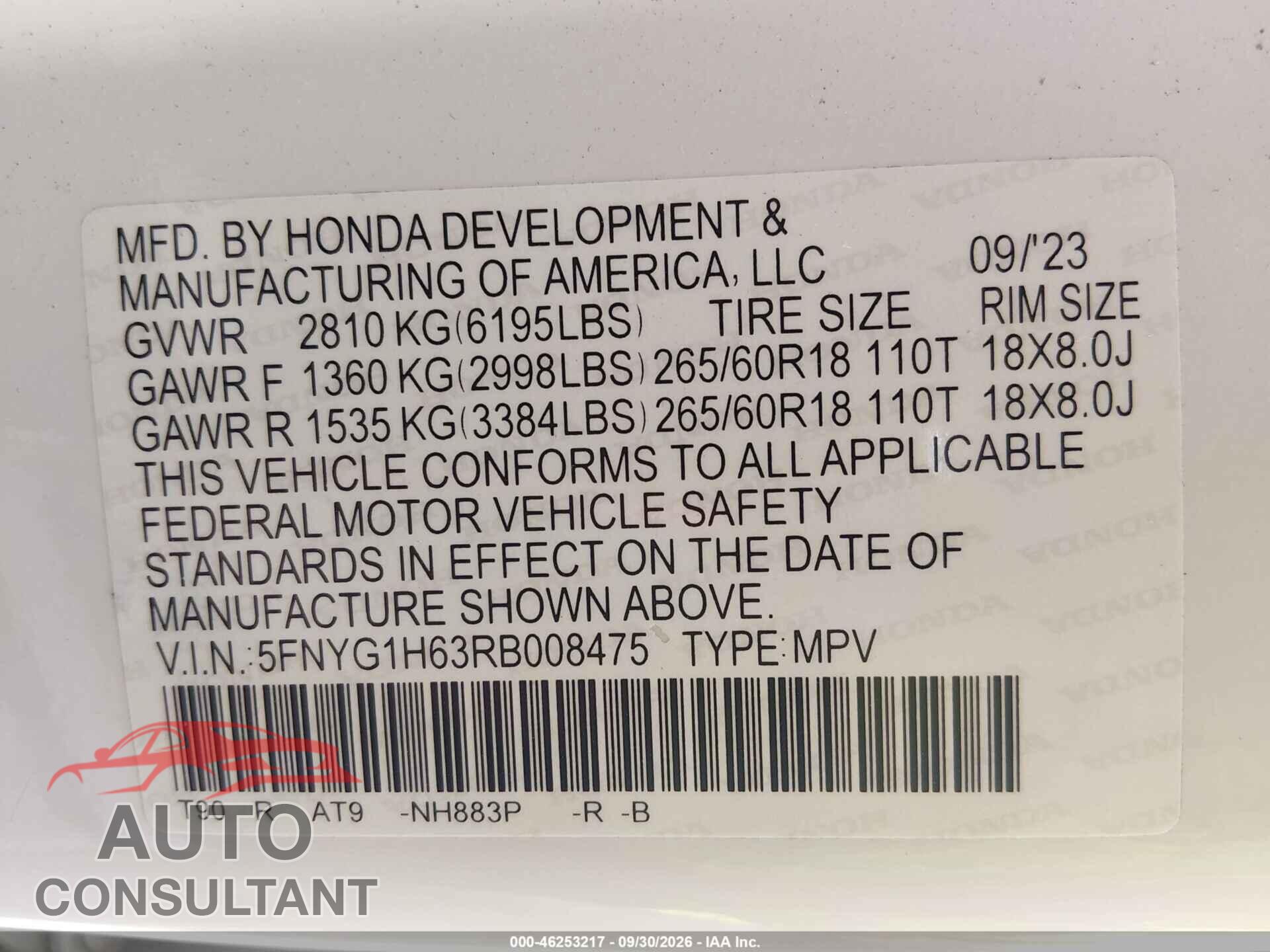 HONDA PILOT 2024 - 5FNYG1H63RB008475