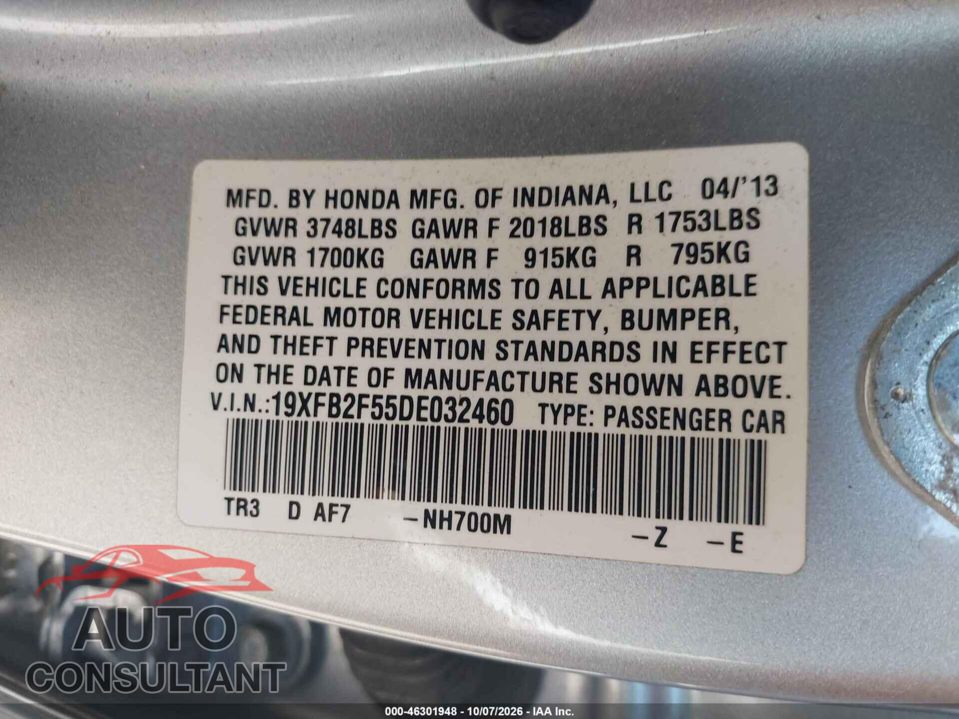 HONDA CIVIC 2013 - 19XFB2F55DE032460