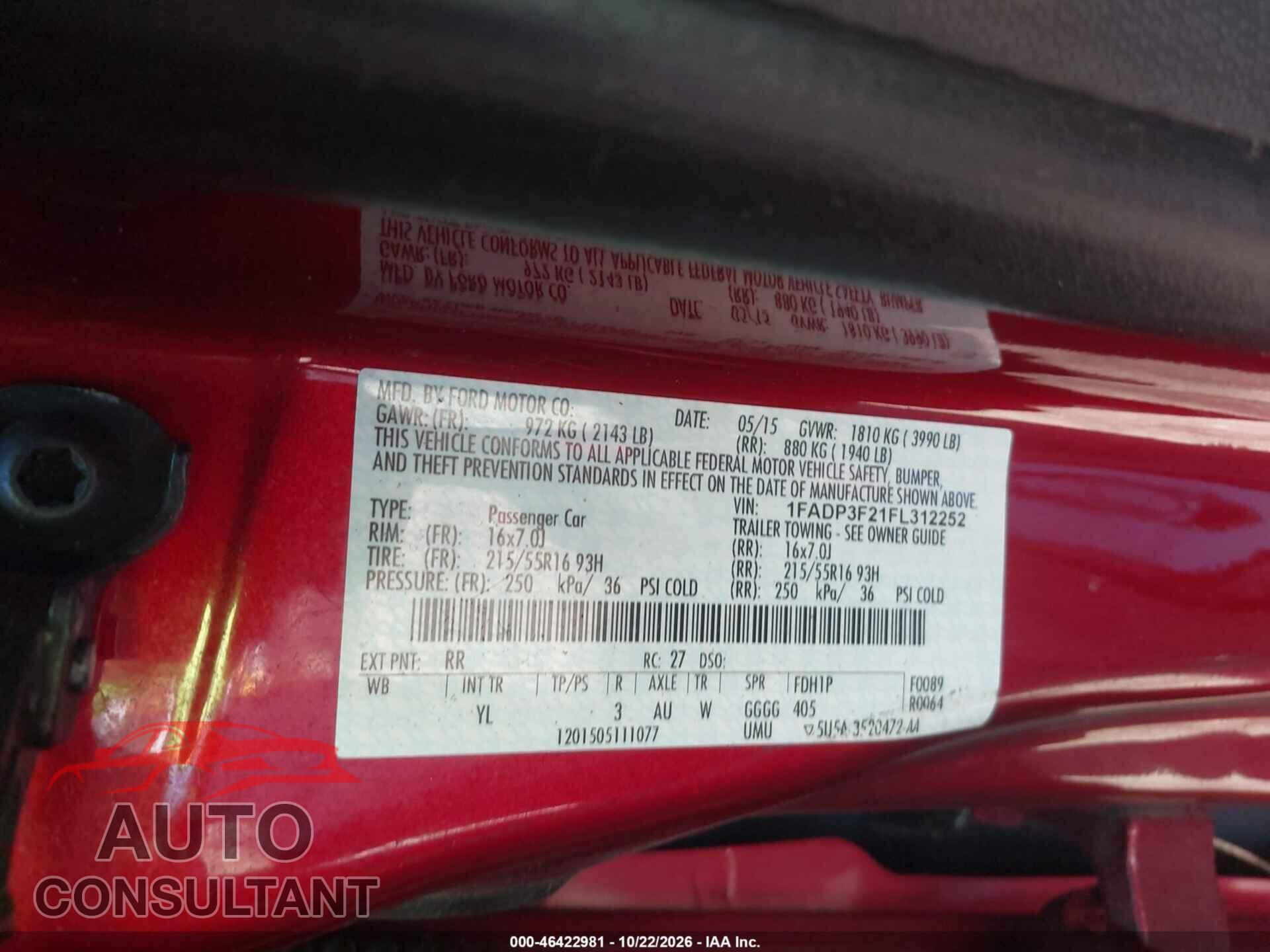 FORD FOCUS 2015 - 1FADP3F21FL312252
