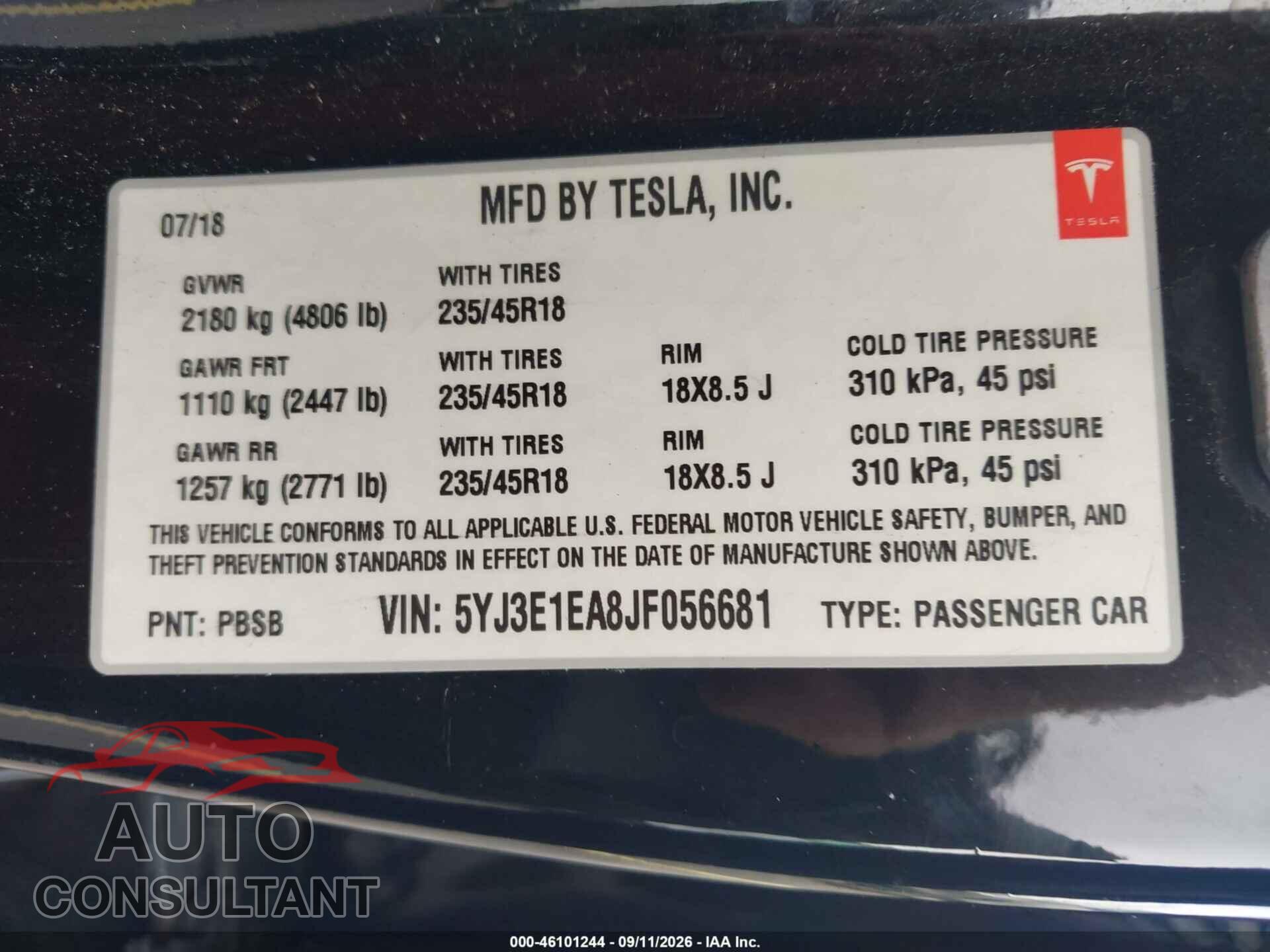 TESLA MODEL 3 2018 - 5YJ3E1EA8JF056681