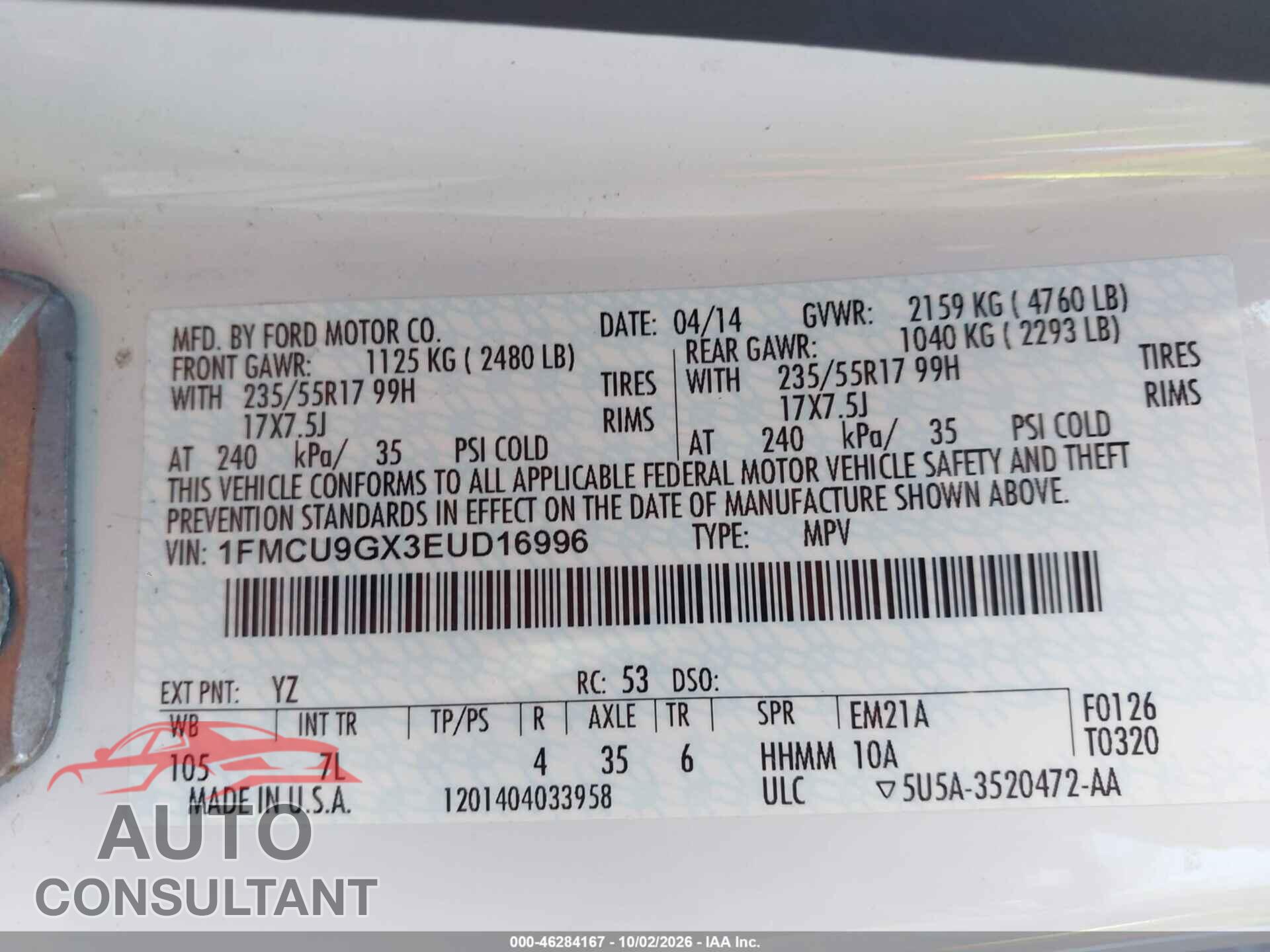 FORD ESCAPE 2014 - 1FMCU9GX3EUD16996