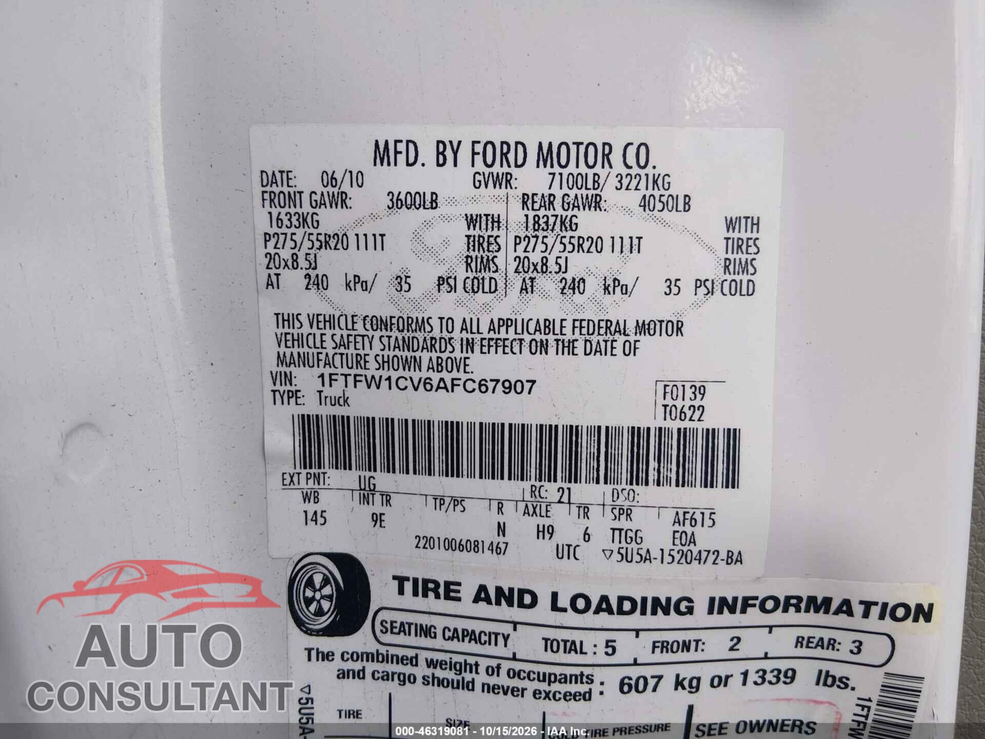 FORD F-150 2010 - 1FTFW1CV6AFC67907