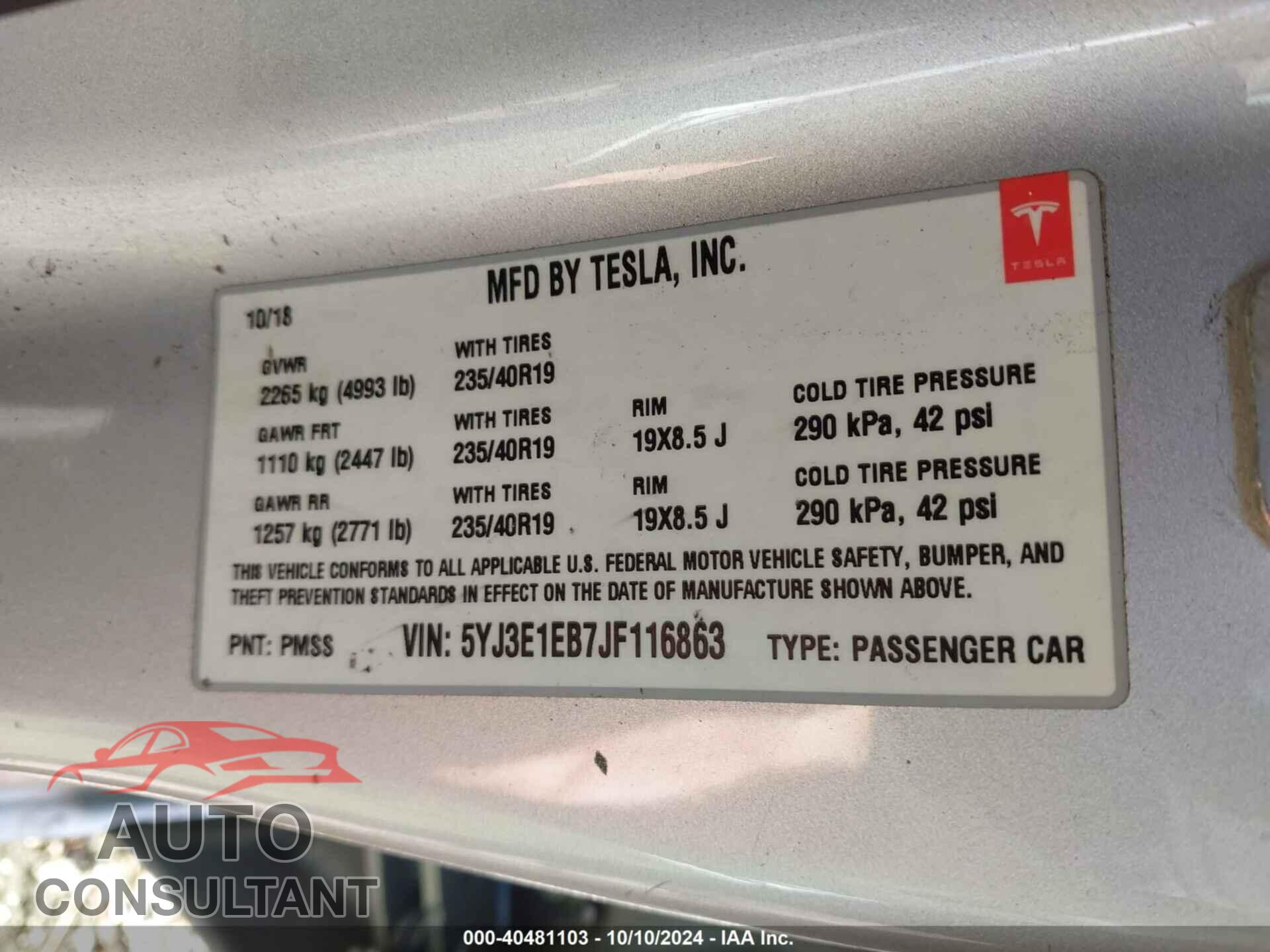 TESLA MODEL 3 2018 - 5YJ3E1EB7JF116863