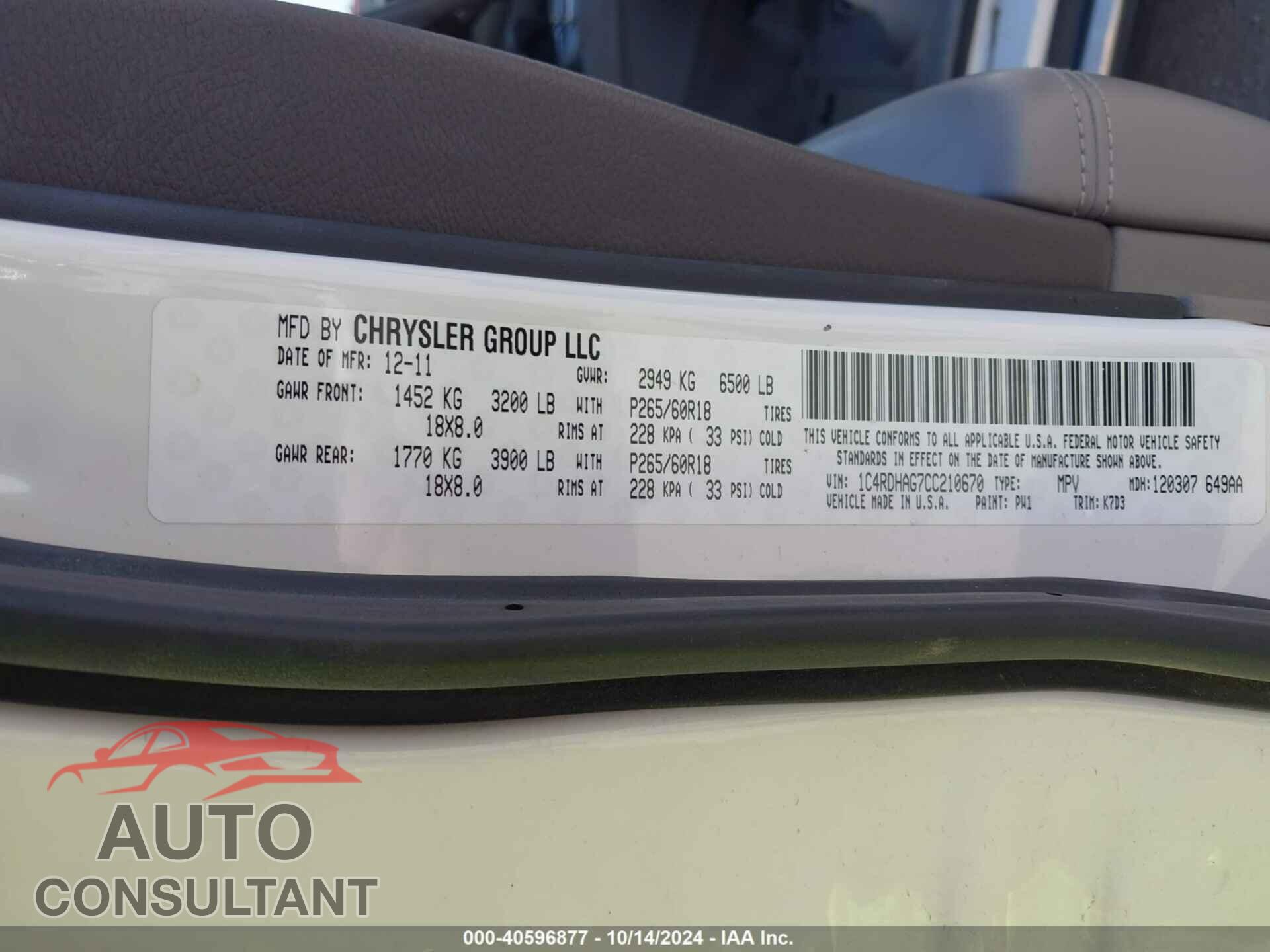DODGE DURANGO 2012 - 1C4RDHAG7CC210670