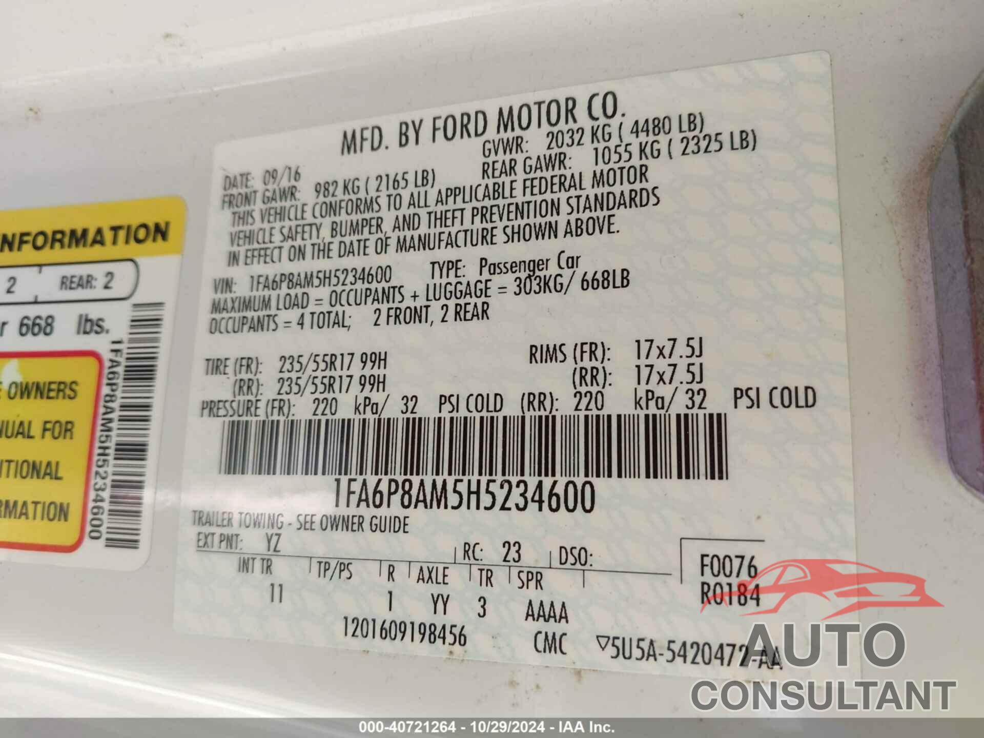 FORD MUSTANG 2017 - 1FA6P8AM5H5234600