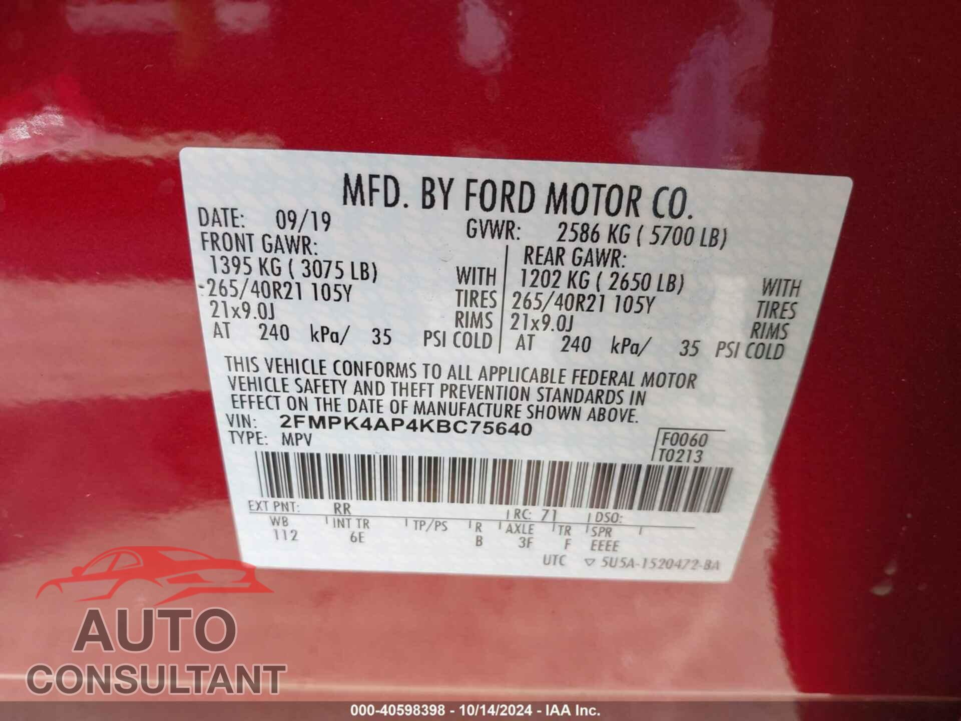 FORD EDGE 2019 - 2FMPK4AP4KBC75640