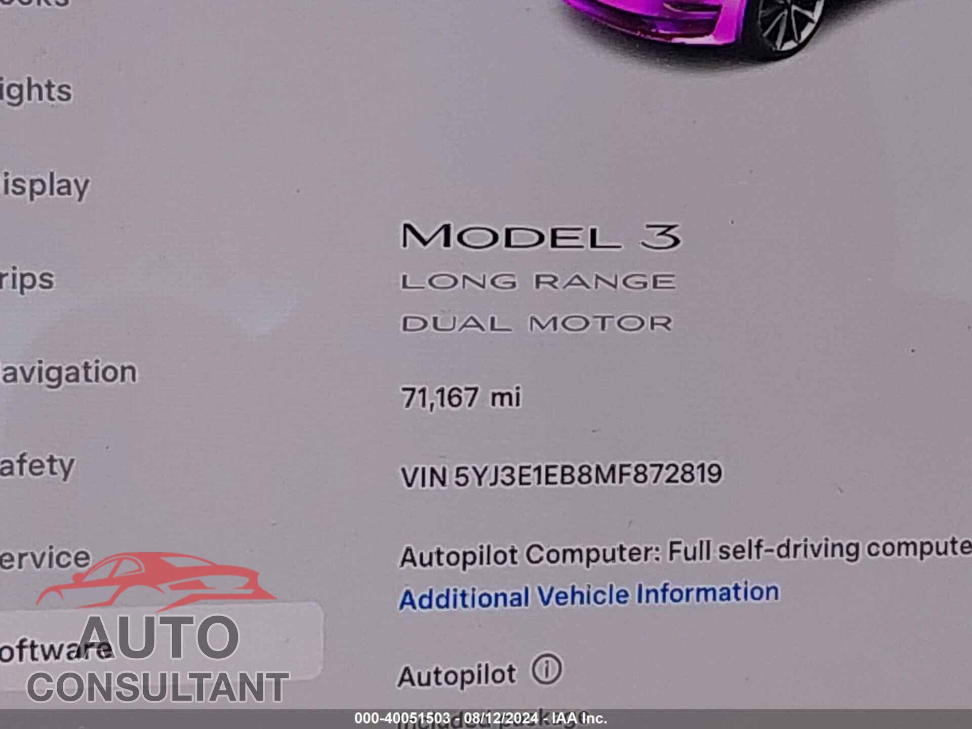 TESLA MODEL 3 2021 - 5YJ3E1EB8MF872819