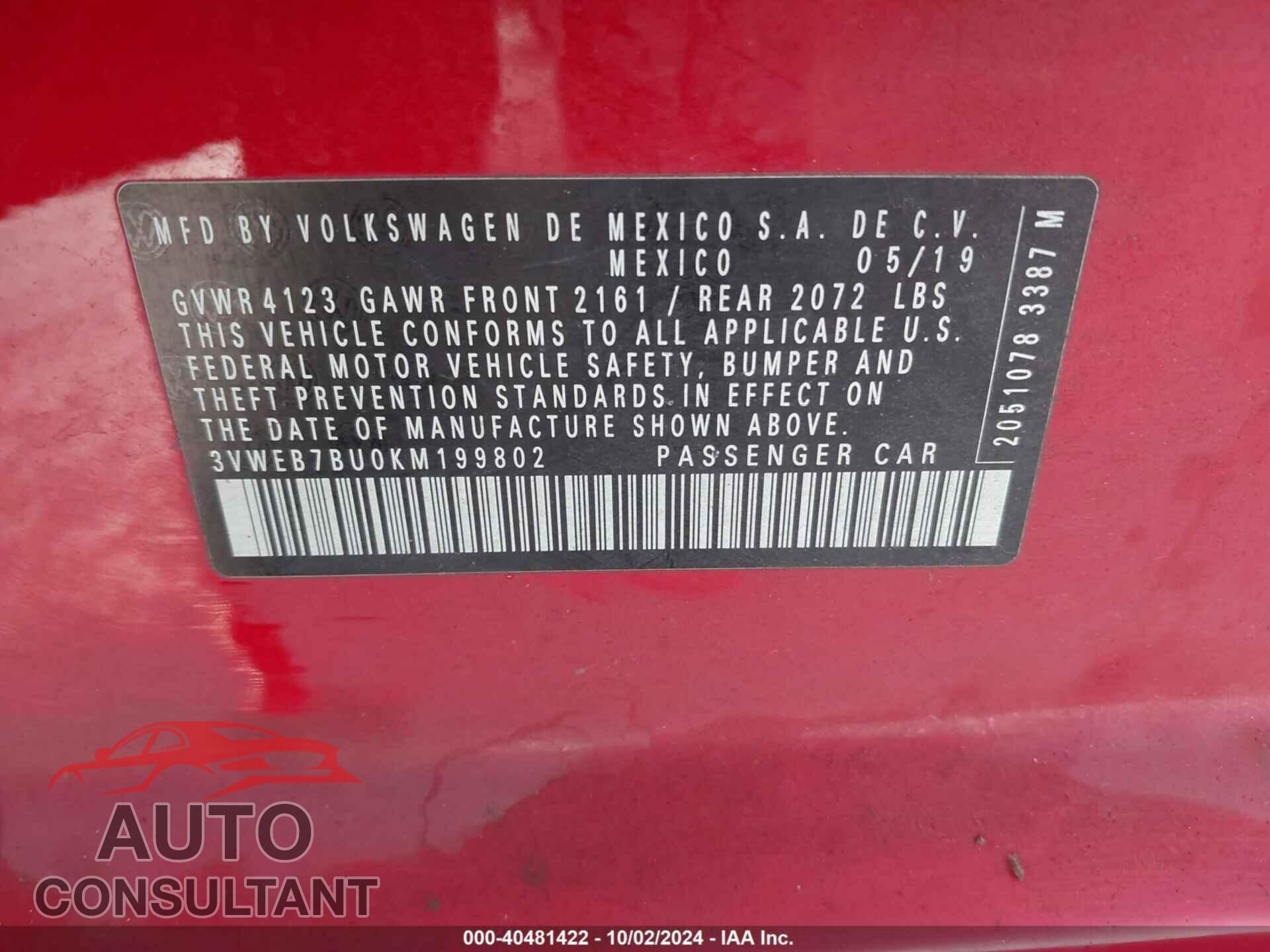VOLKSWAGEN JETTA 2019 - 3VWEB7BU0KM199802