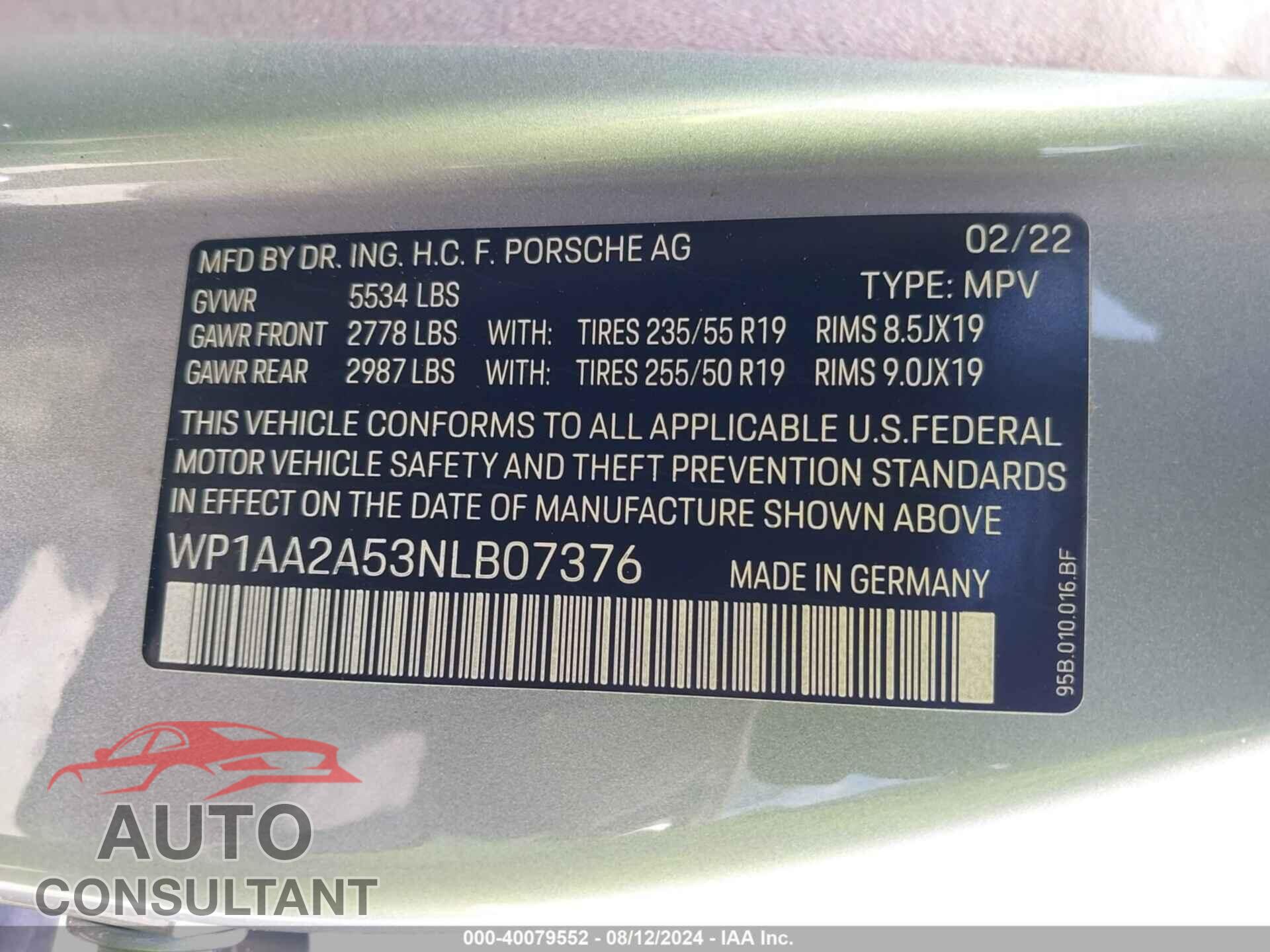 PORSCHE MACAN 2022 - WP1AA2A53NLB07376