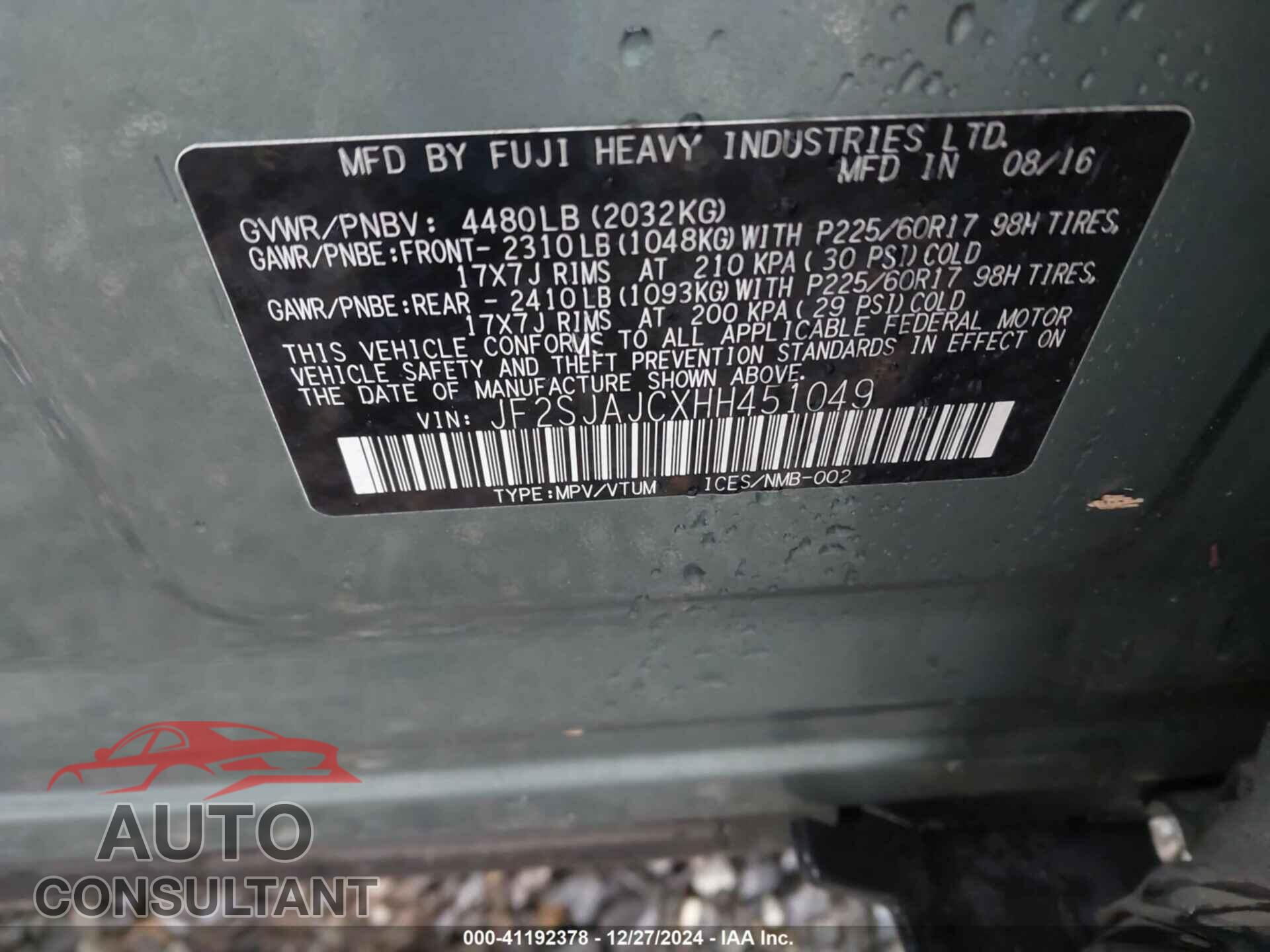 SUBARU FORESTER 2017 - JF2SJAJCXHH451049