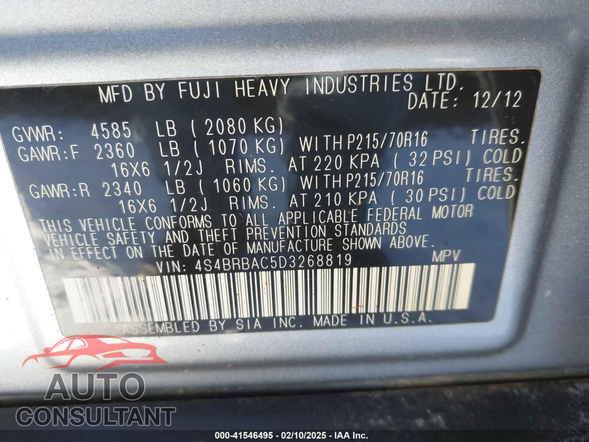 SUBARU OUTBACK 2013 - 4S4BRBAC5D3268819