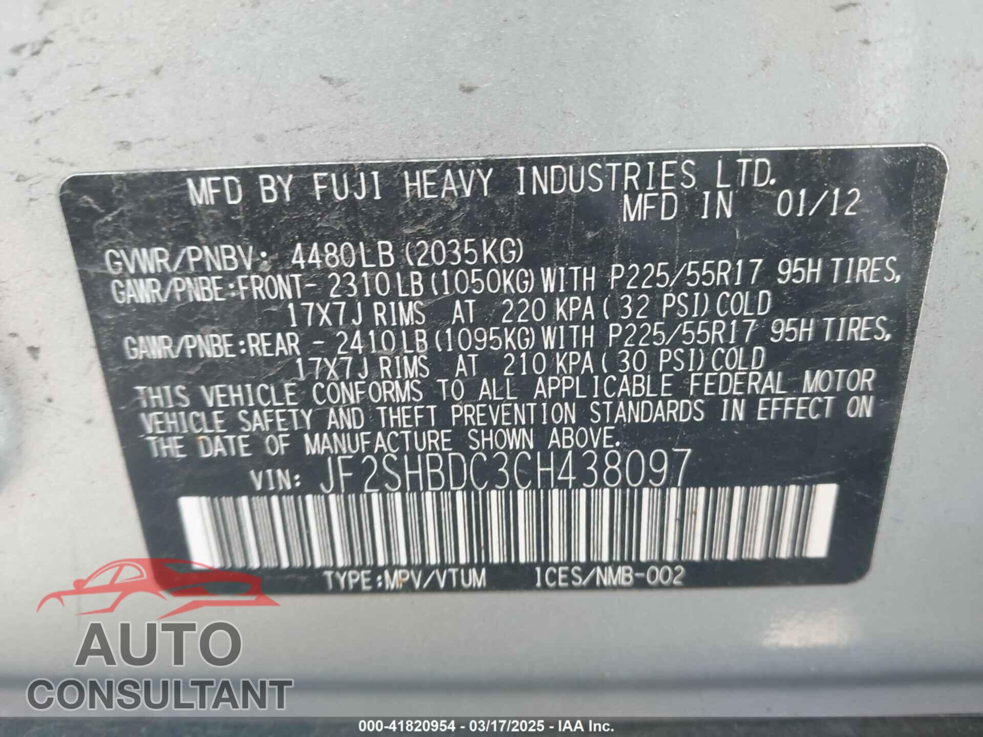SUBARU FORESTER 2012 - JF2SHBDC3CH438097