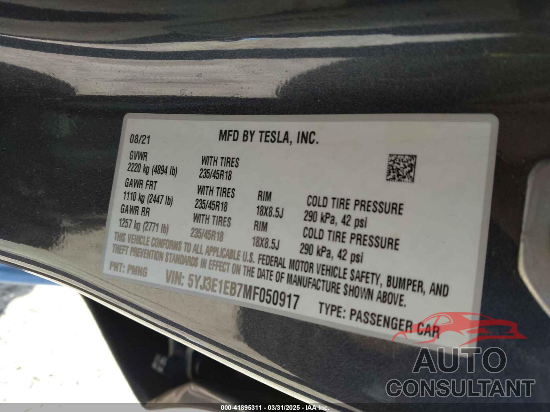 TESLA MODEL 3 2021 - 5YJ3E1EB7MF050917