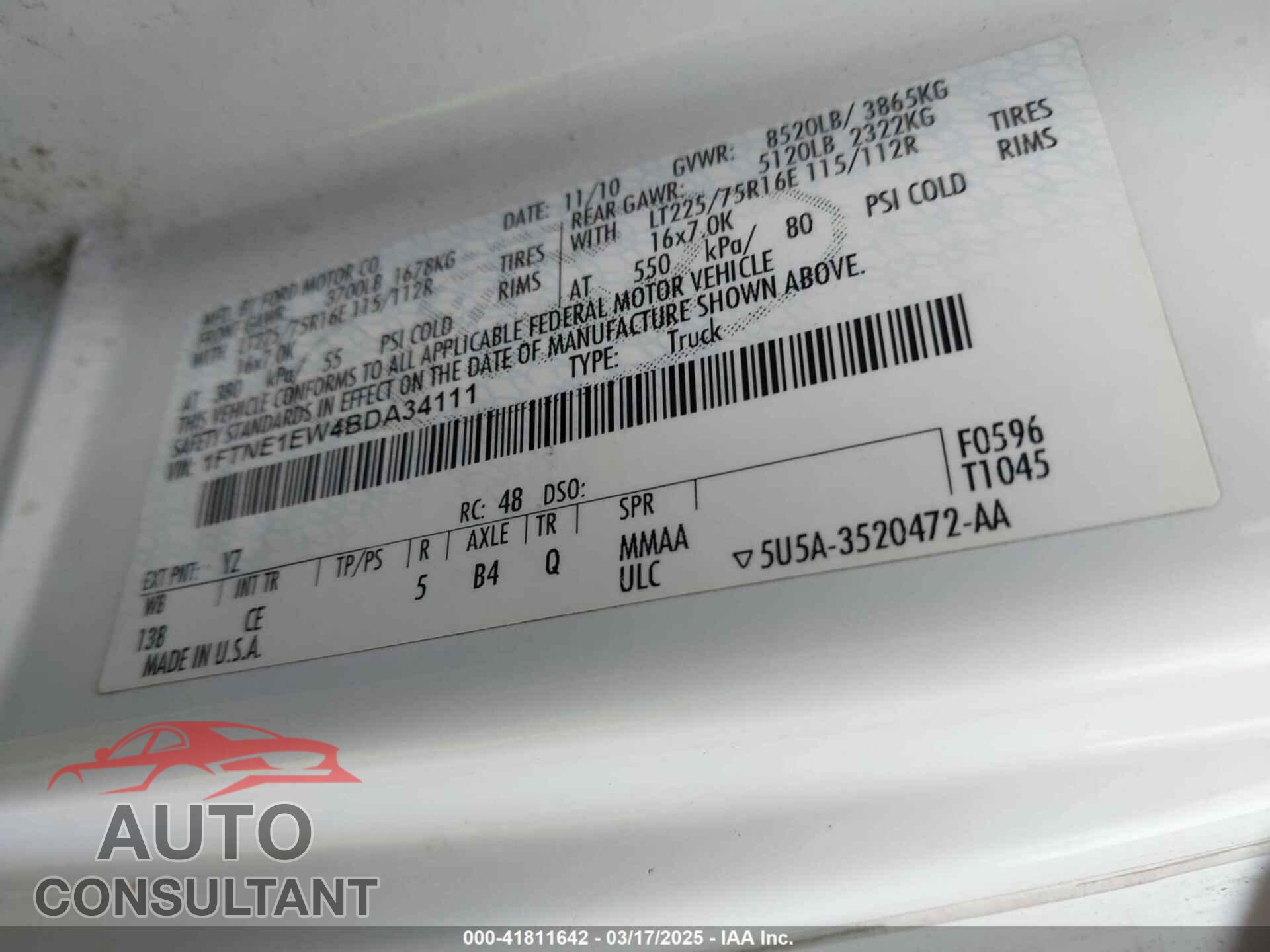 FORD E-150 2011 - 1FTNE1EW4BDA34111