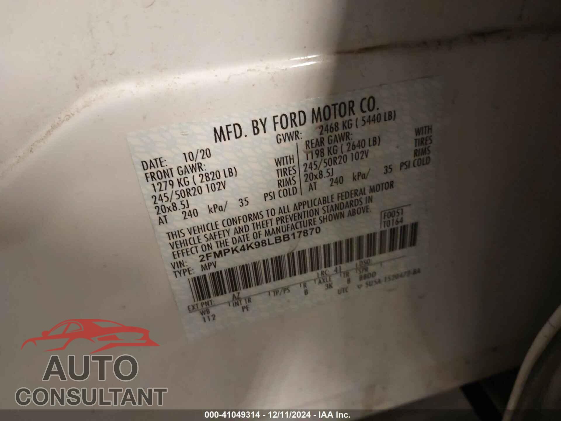 FORD EDGE 2020 - 2FMPK4K98LBB17870