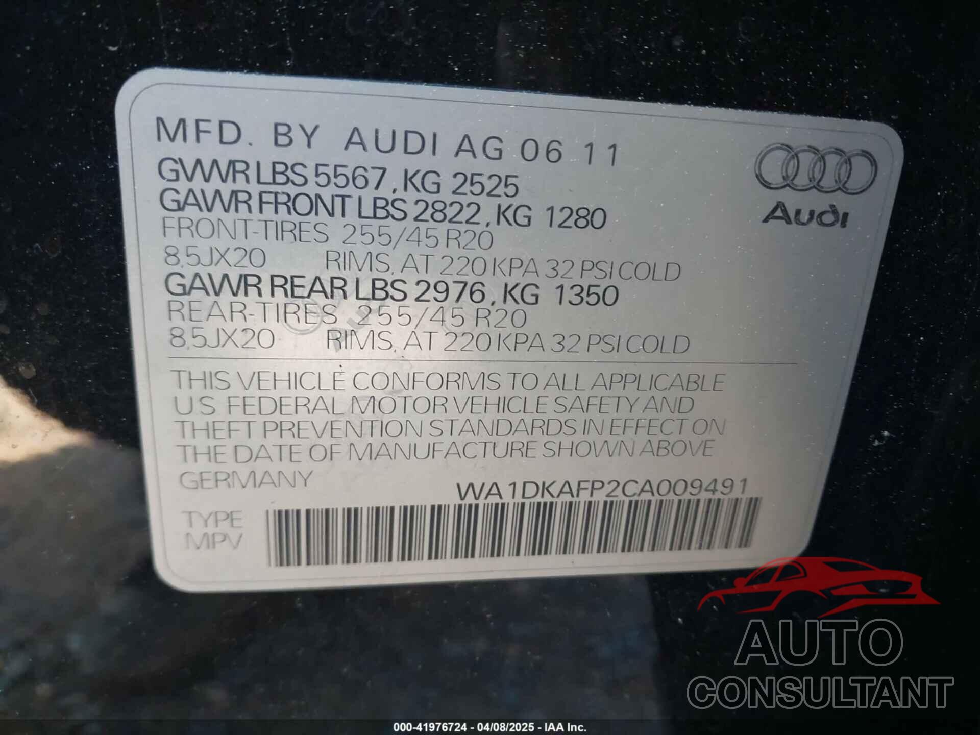 AUDI Q5 2012 - WA1DKAFP2CA009491
