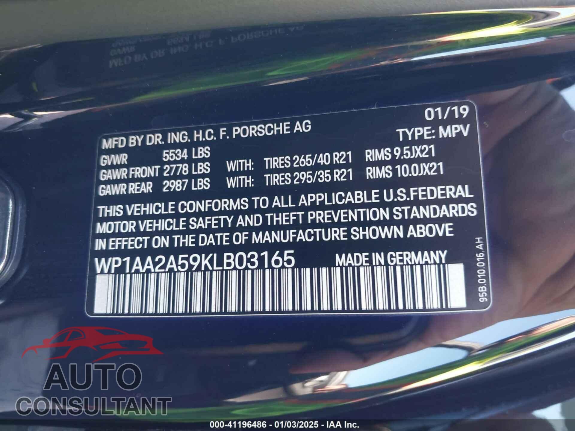 PORSCHE MACAN 2019 - WP1AA2A59KLB03165