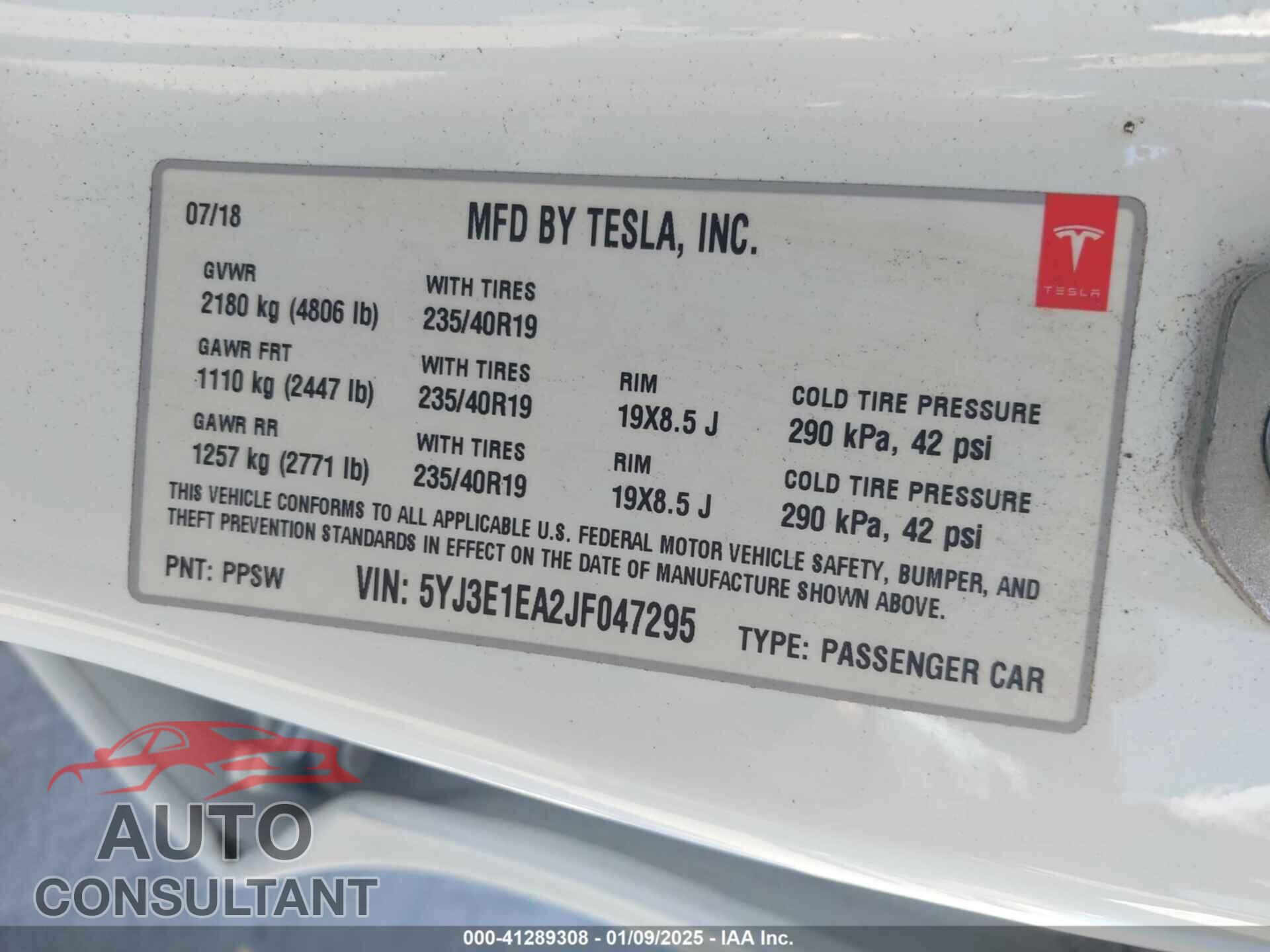 TESLA MODEL 3 2018 - 5YJ3E1EA2JF047295