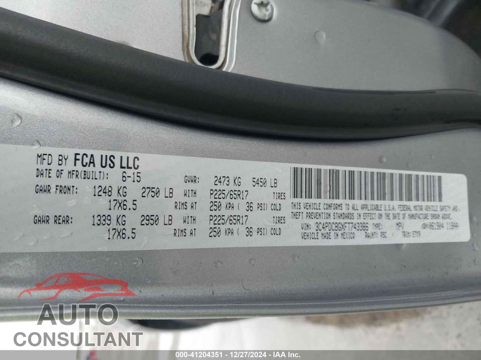 DODGE JOURNEY 2015 - 3C4PDCBGXFT743386