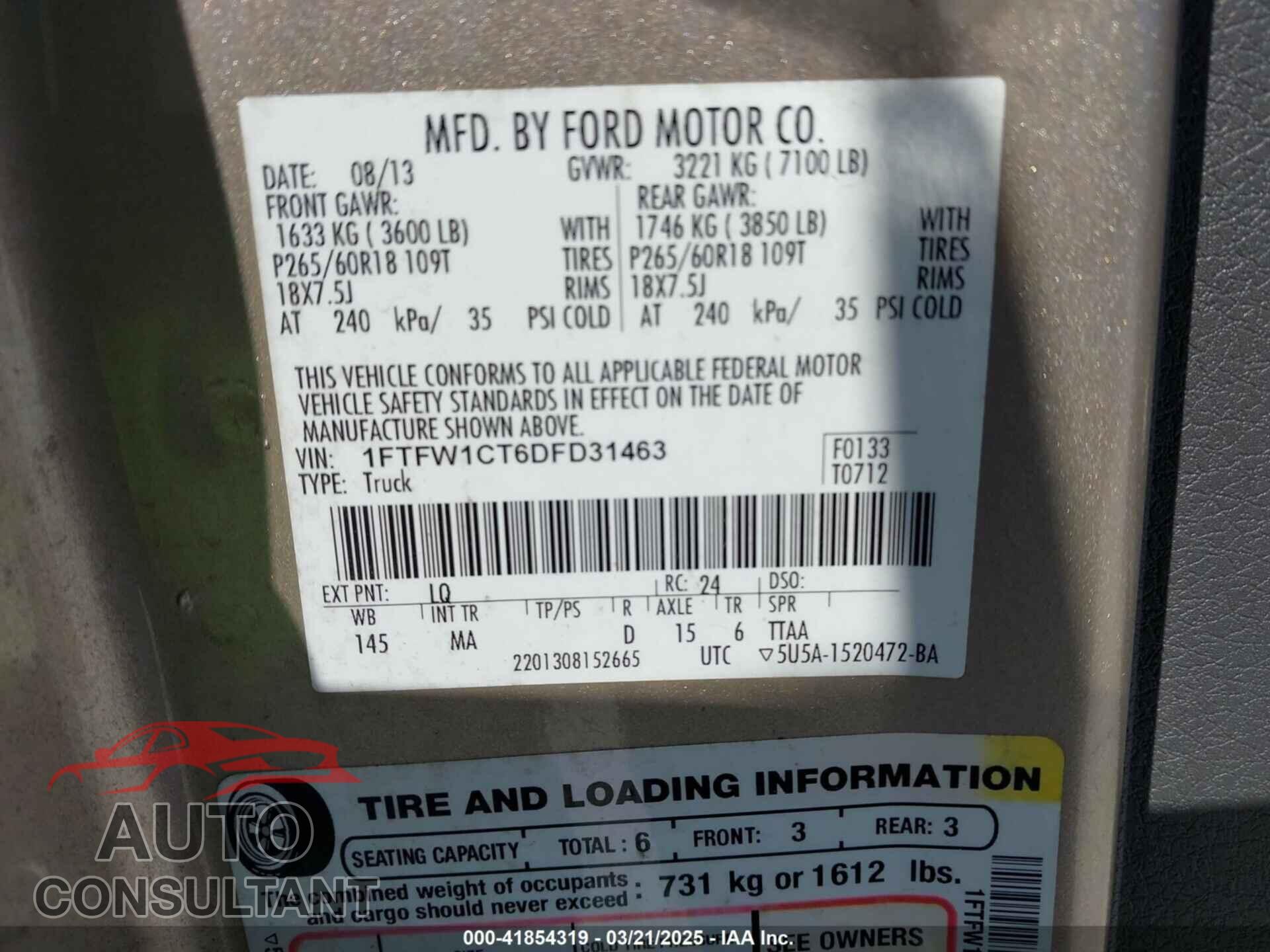FORD F-150 2013 - 1FTFW1CT6DFD31463