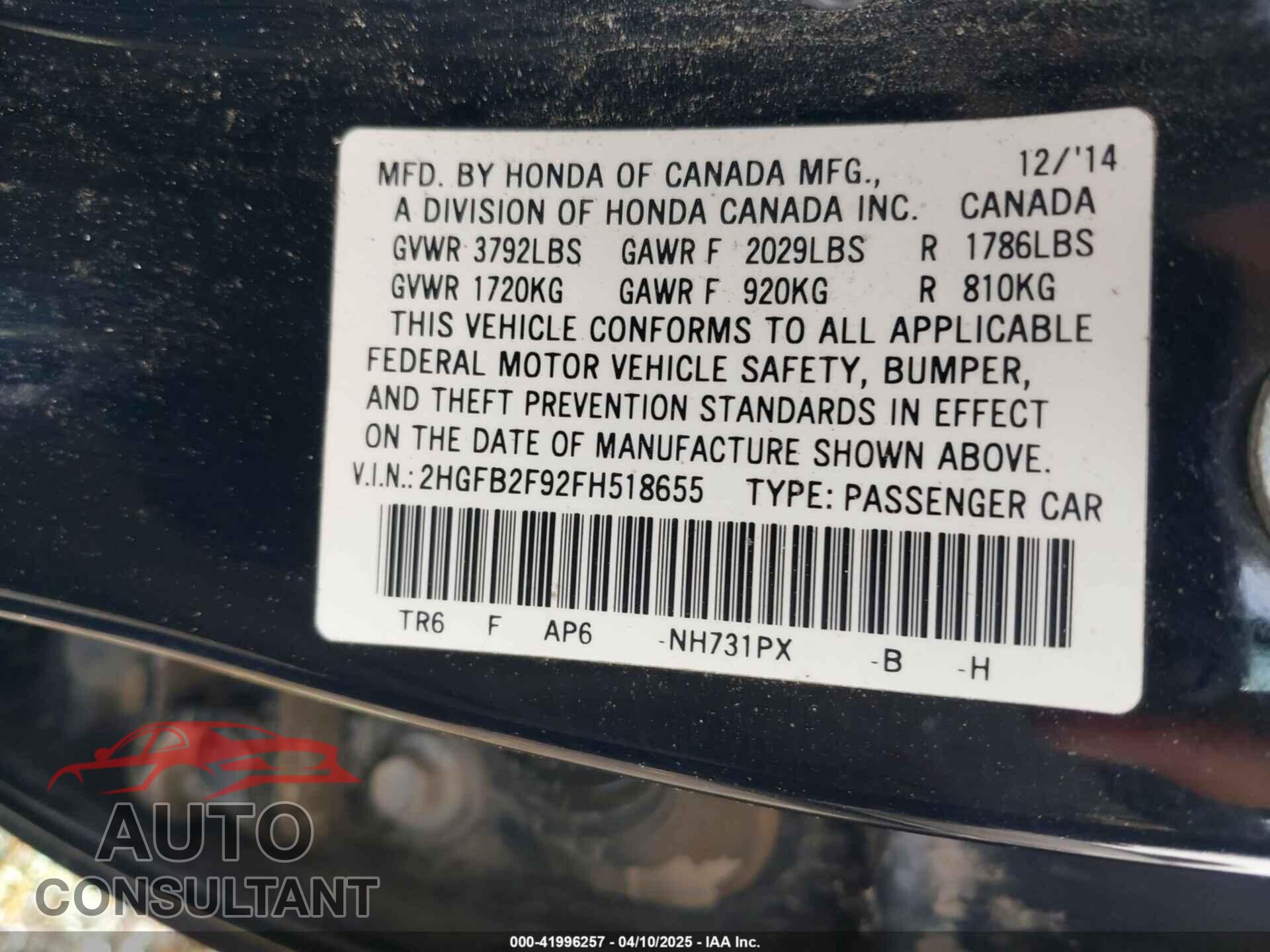 HONDA CIVIC 2015 - 2HGFB2F92FH518655