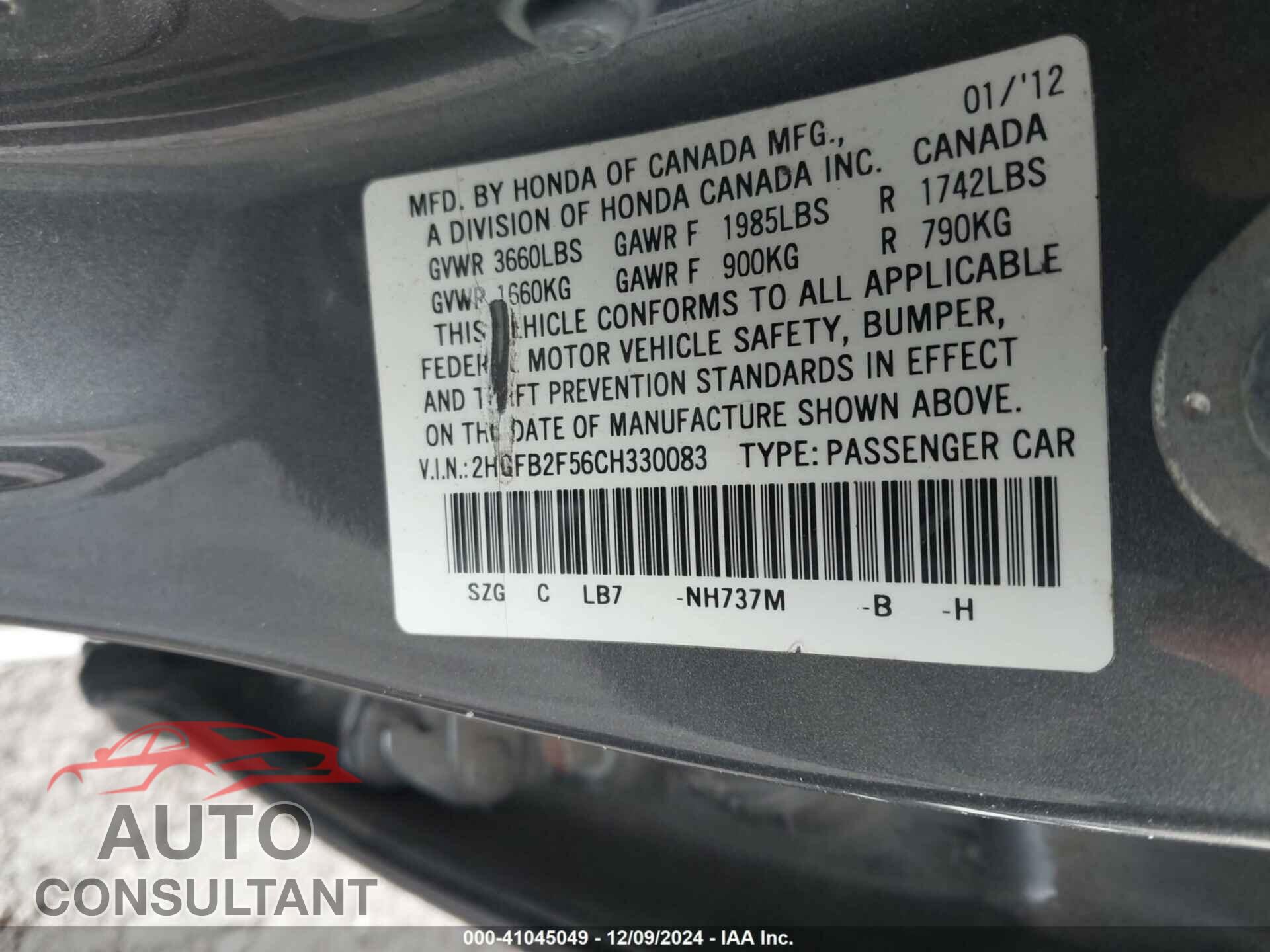 HONDA CIVIC SDN 2012 - 2HGFB2F56CH330083