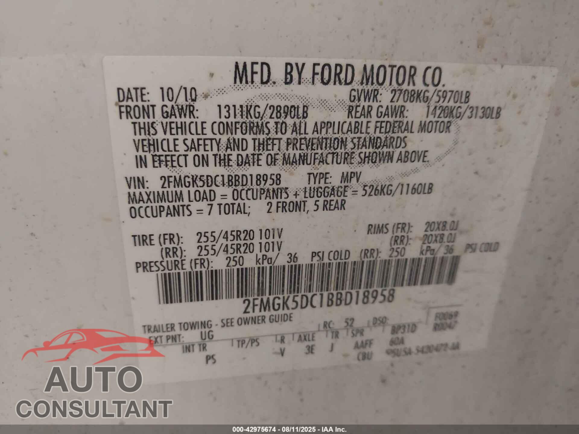 FORD FLEX 2011 - 2FMGK5DC1BBD18958